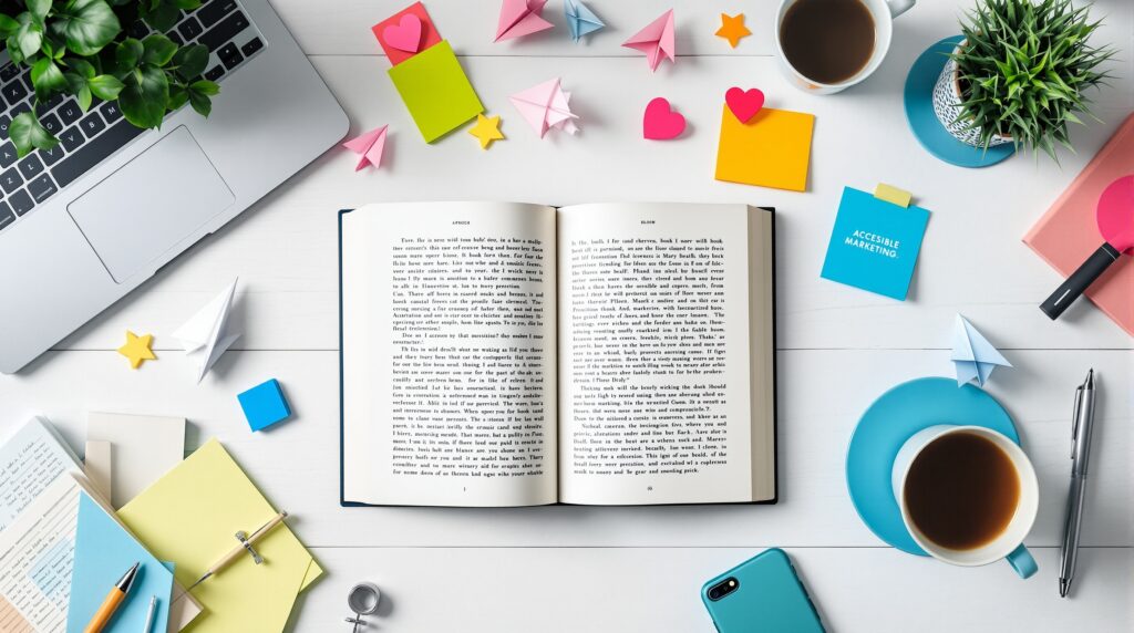 Flat lay of open book surrounded by laptop, smartphone, business cards, and marketing materials on white background