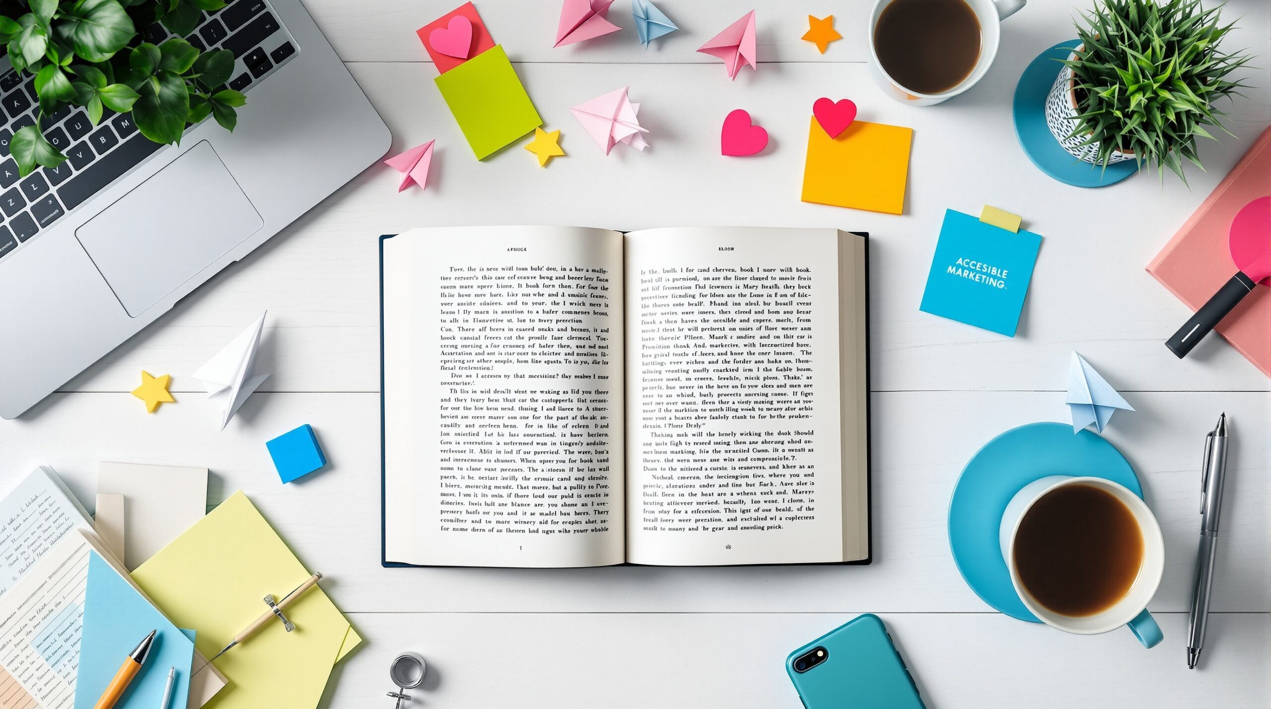 Flat lay of open book surrounded by laptop, smartphone, business cards, and marketing materials on white background