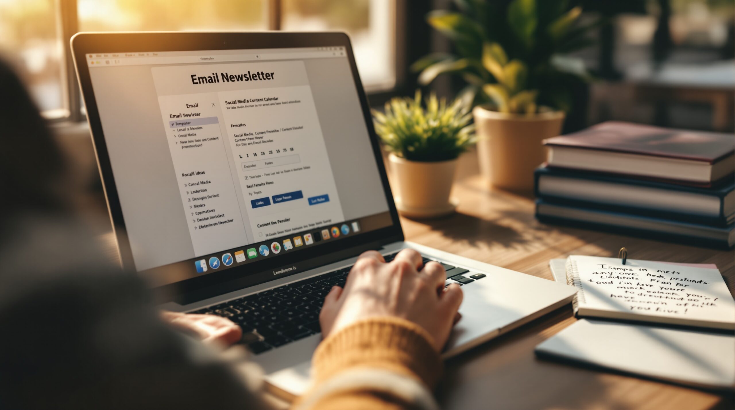 Hands typing on laptop showing email newsletter template, with books and notepad on desk in cozy home office setting