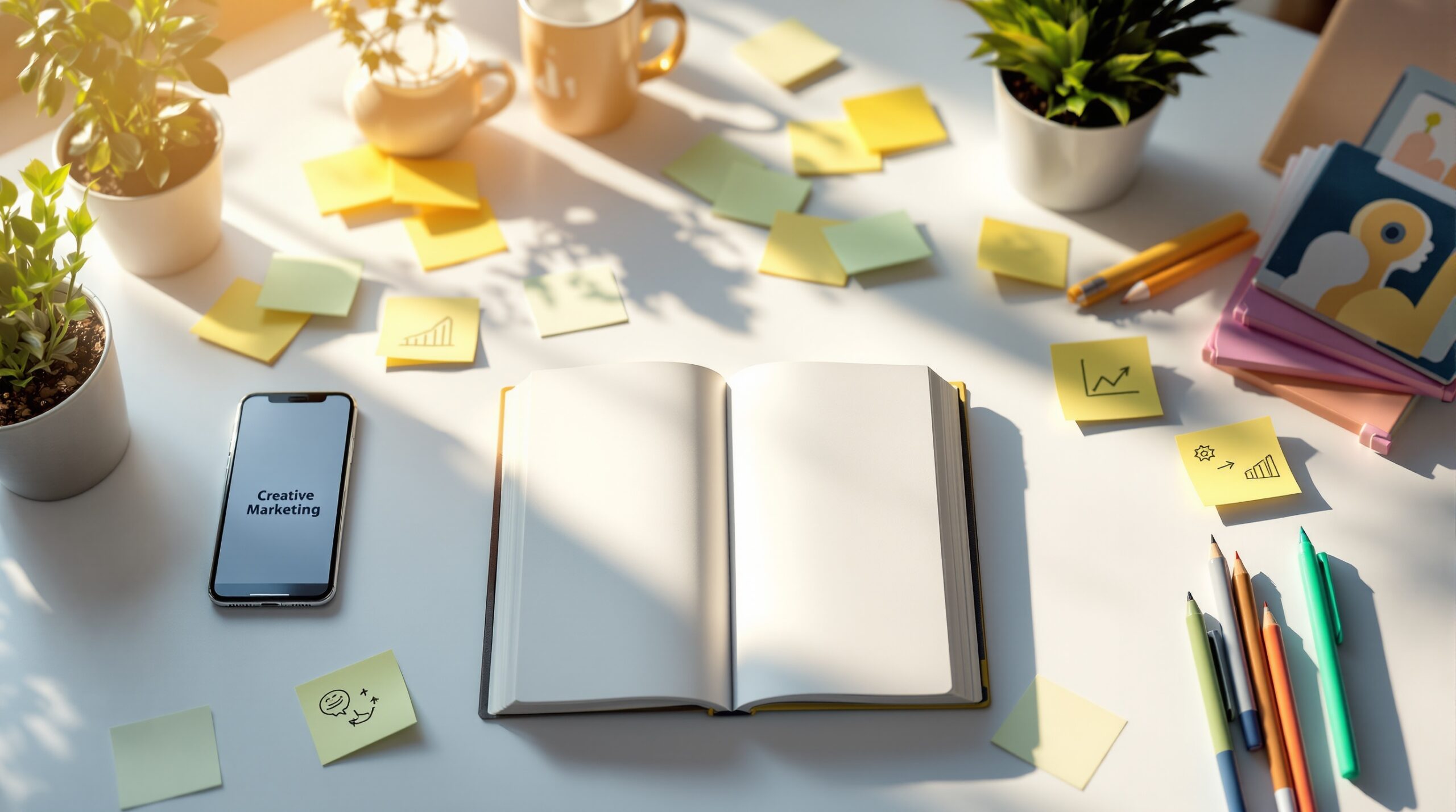 Open book on desk surrounded by marketing notes, smartphone with metrics, and creative planning materials