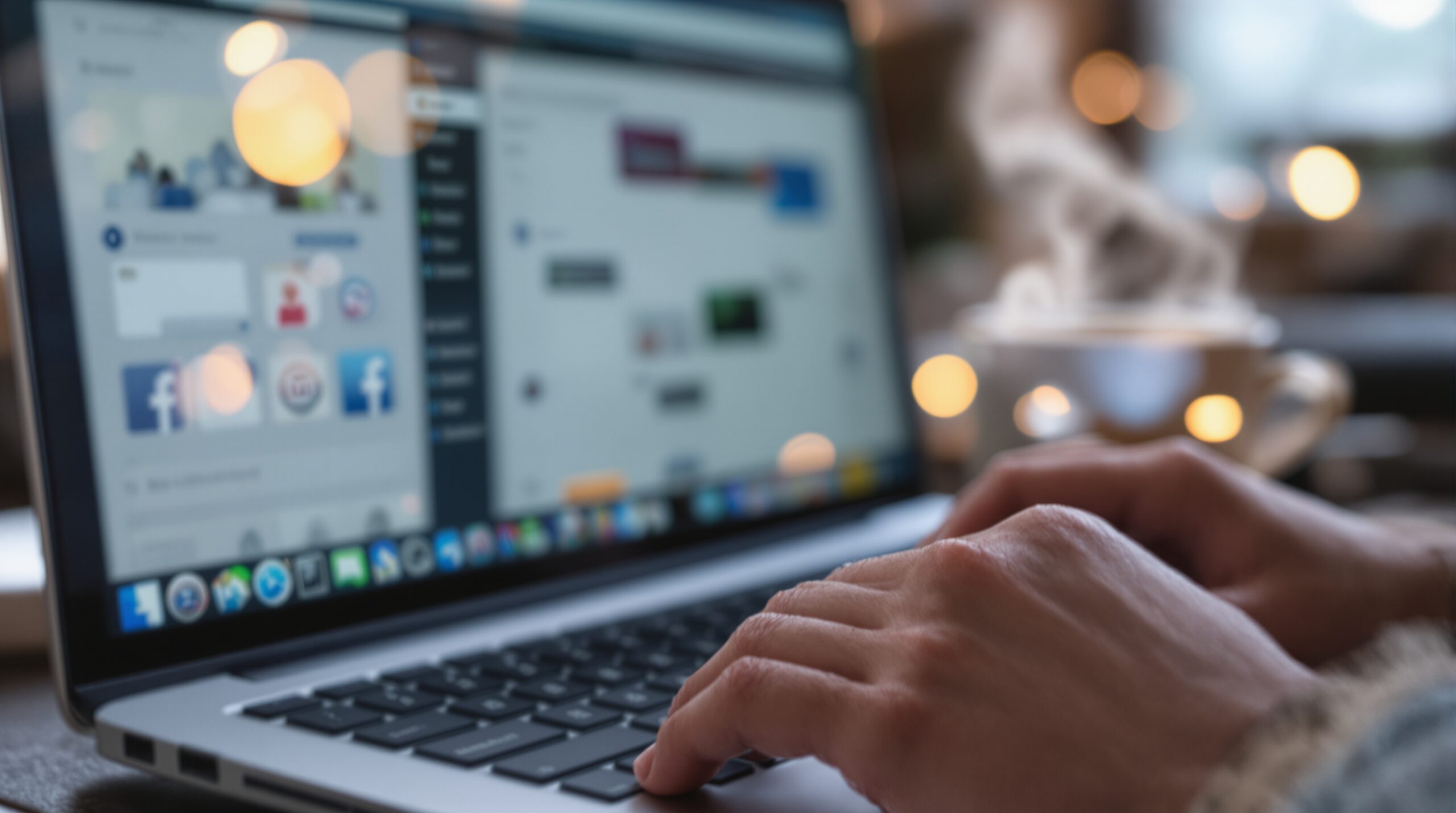 Hands typing on laptop showing social media dashboard for book marketing campaigns with coffee cup nearby