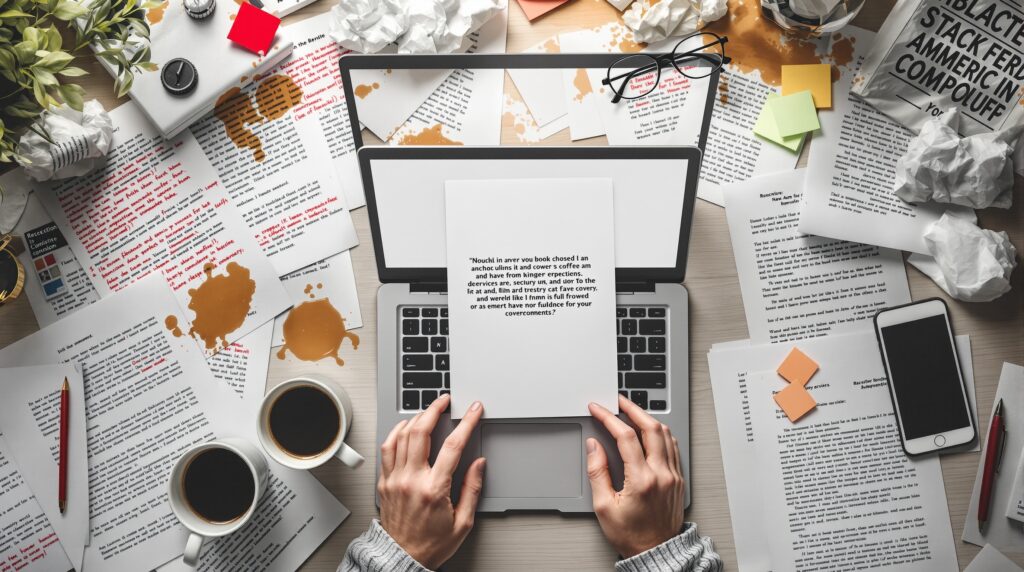 Chaotic desk with laptop showing amateur book cover design, spilled coffee on manuscripts, and scattered publishing materials