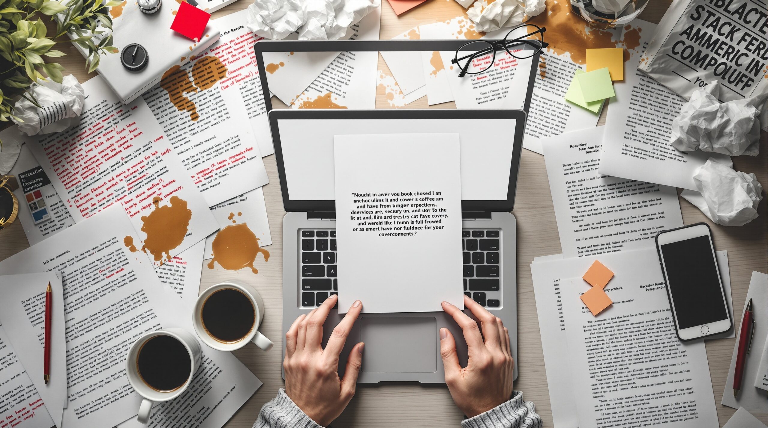 Chaotic desk with laptop showing amateur book cover design, spilled coffee on manuscripts, and scattered publishing materials