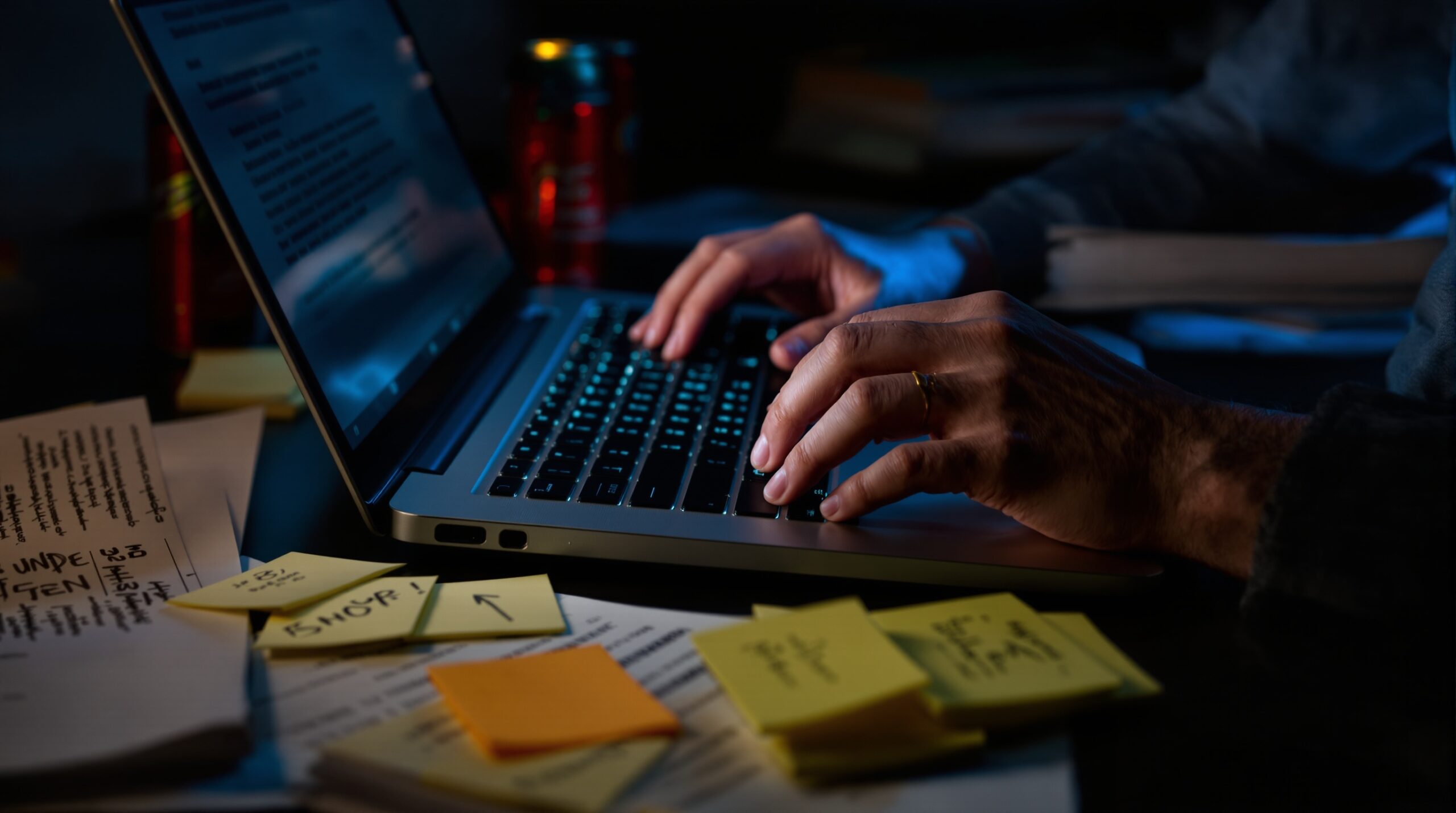 Stressed hands typing on laptop at night with energy drinks and editing notes, showing self-publishing pressure
