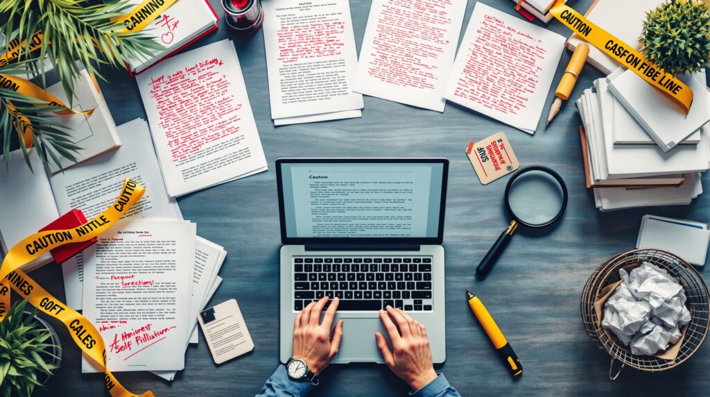 Overhead view of laptop with manuscript, edited pages, published books, and amateur materials showing self publishing pitfalls