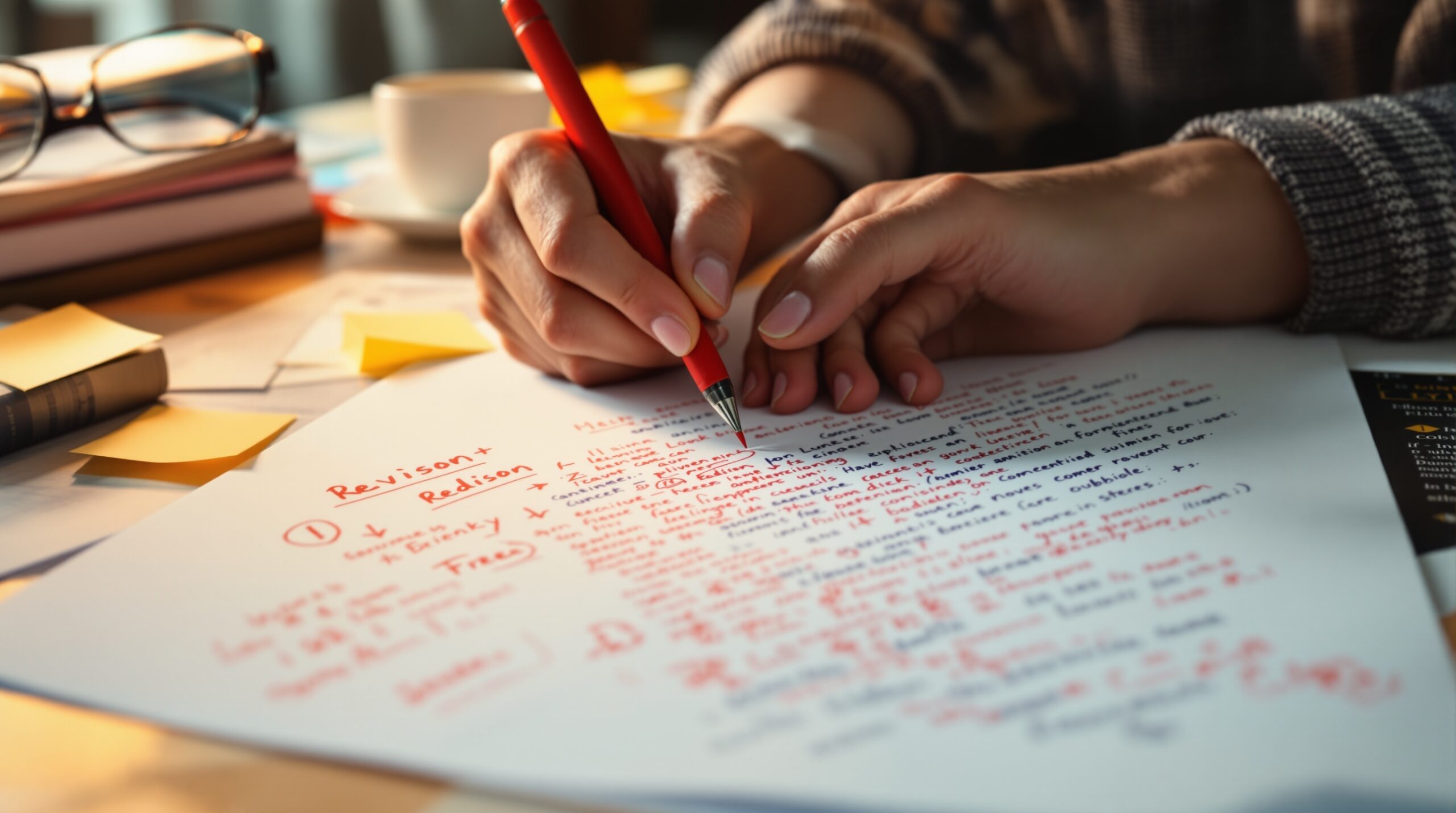 Author's hands editing manuscript with red pen, showing corrections and sticky notes on printed pages at desk workspace