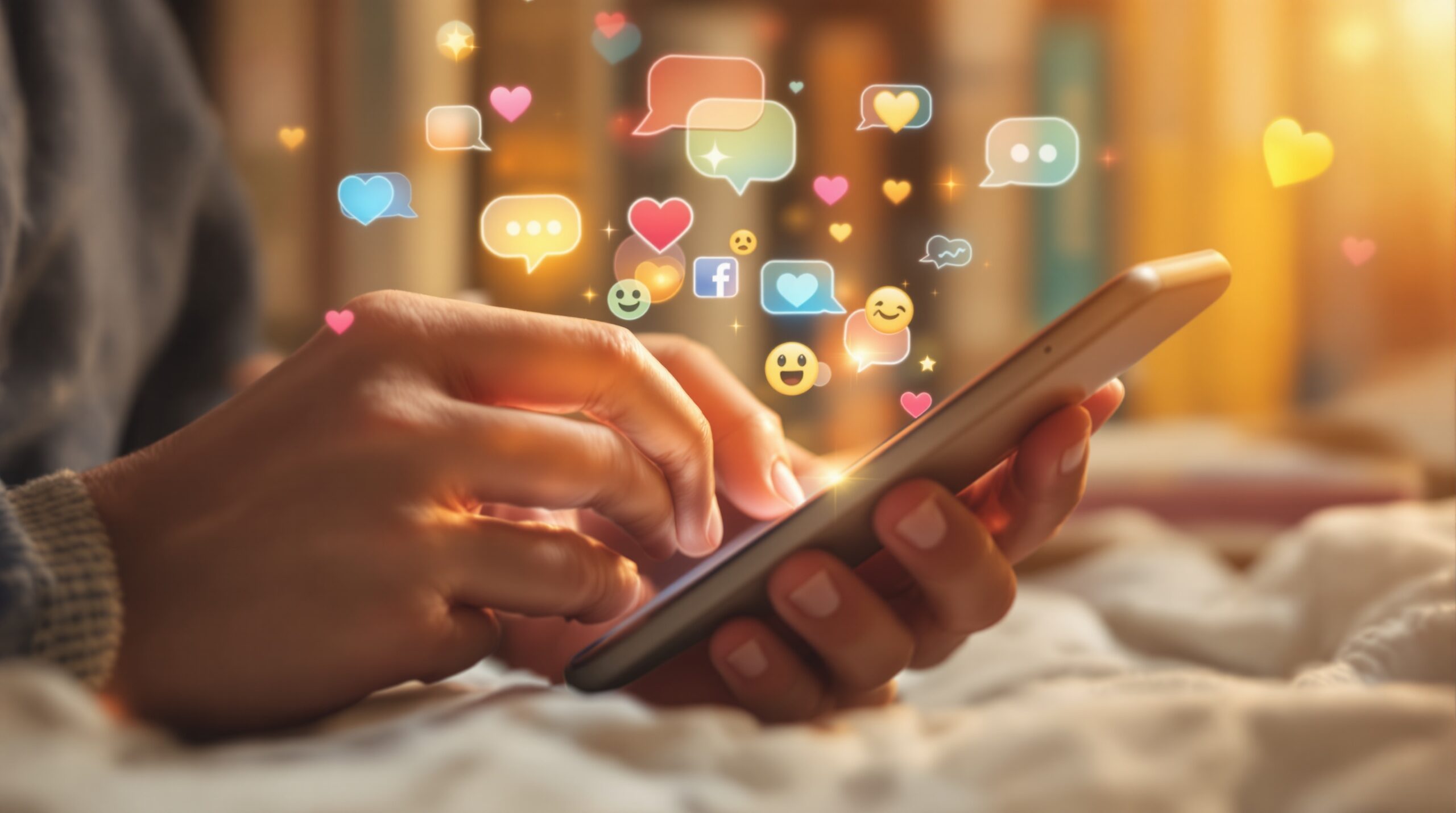 Hands typing on smartphone creating social media post with floating emoji and heart icons in cozy reading space