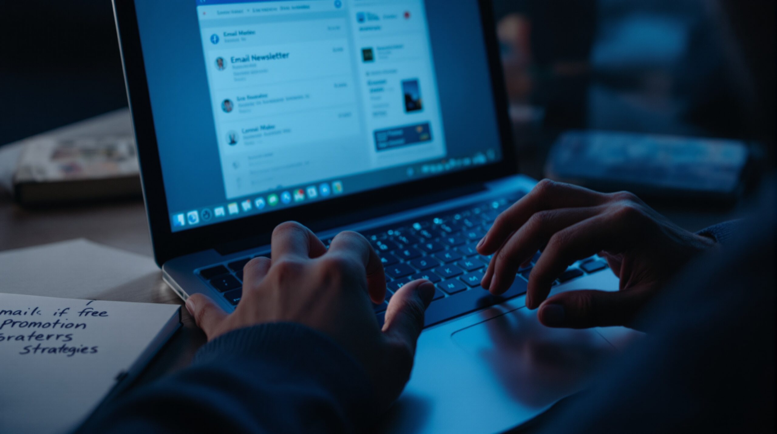 Hands typing on laptop showing email newsletter dashboard, with book cover visible, illustrating free book promotion methods