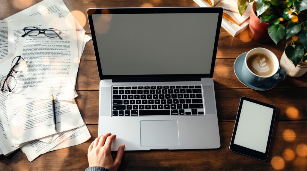 Author's workspace with laptop, manuscript pages, coffee cup, and e-reader for Kindle Direct Publishing