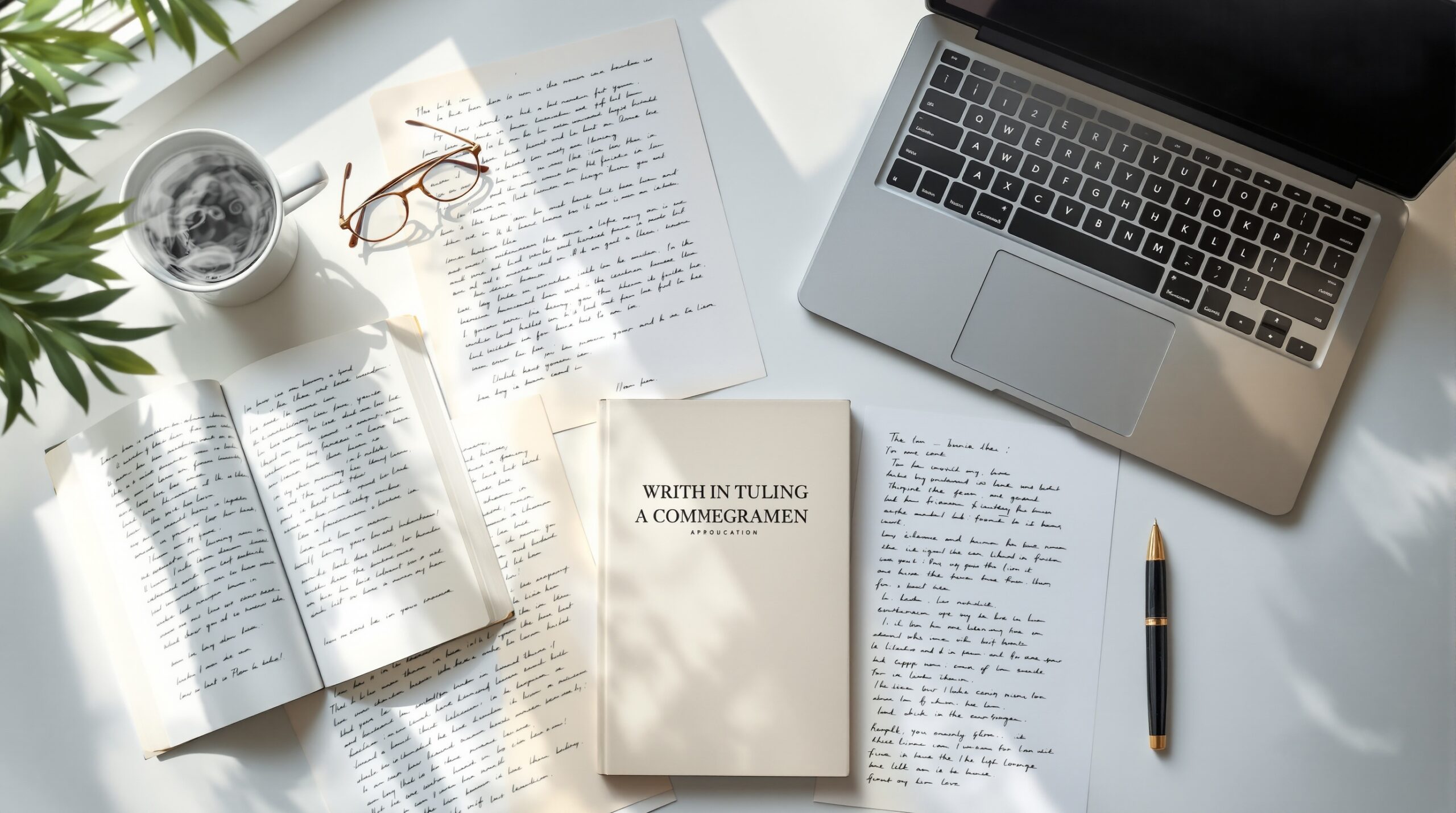 Overhead view of laptop, manuscript pages, published book, coffee cup, and pen on white desk showing novel writing process