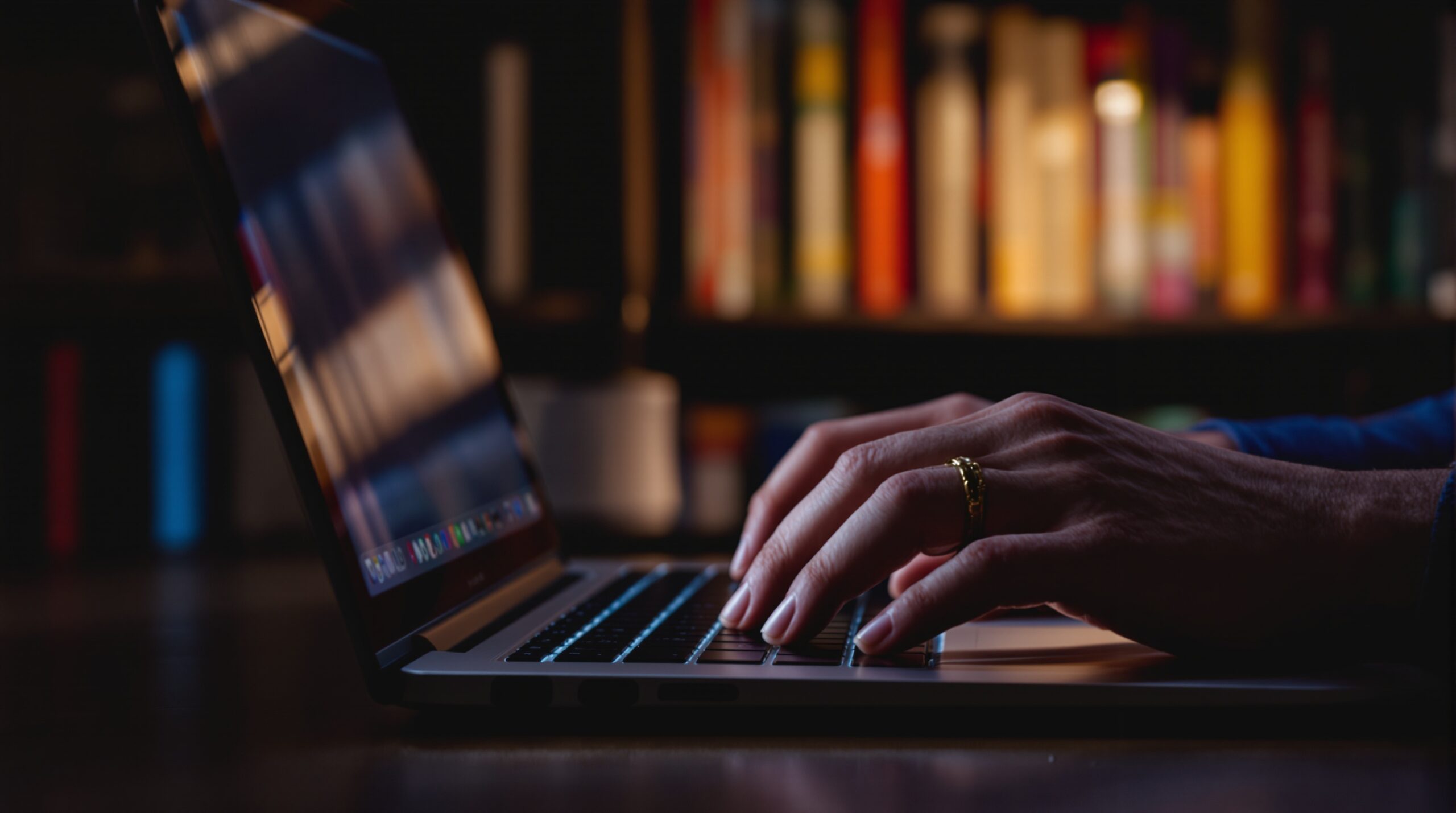 Hands typing on laptop keyboard in cozy writing space with bookshelves and warm lighting for self publishing a novel