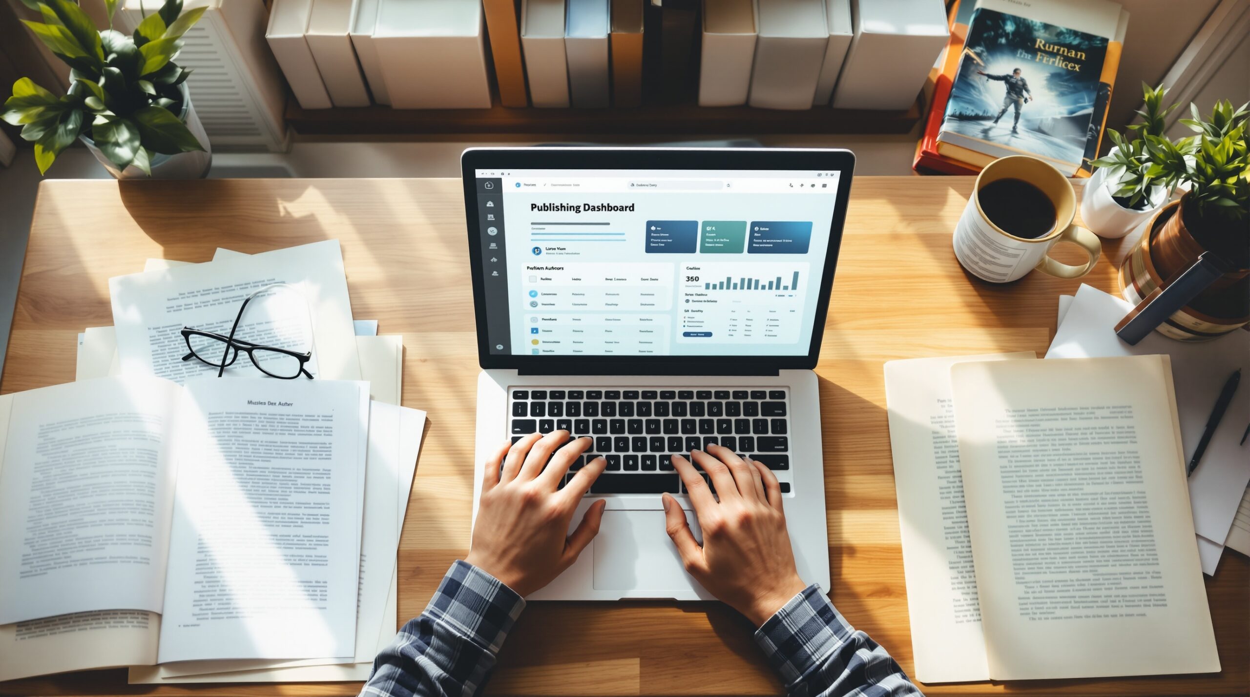 Author's desk with laptop showing publishing dashboard, surrounded by books, coffee, glasses, and manuscript pages