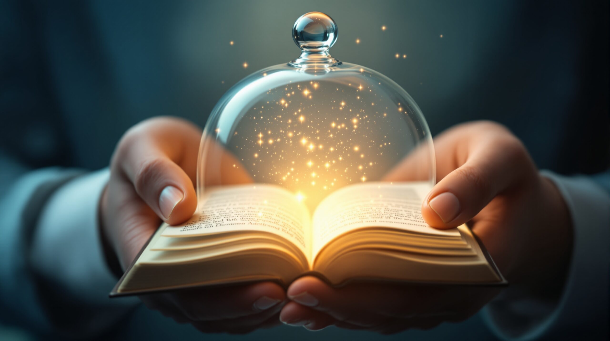 Hands holding protective glass dome over miniature open book with ethereal lighting, symbolizing creative vision protection
