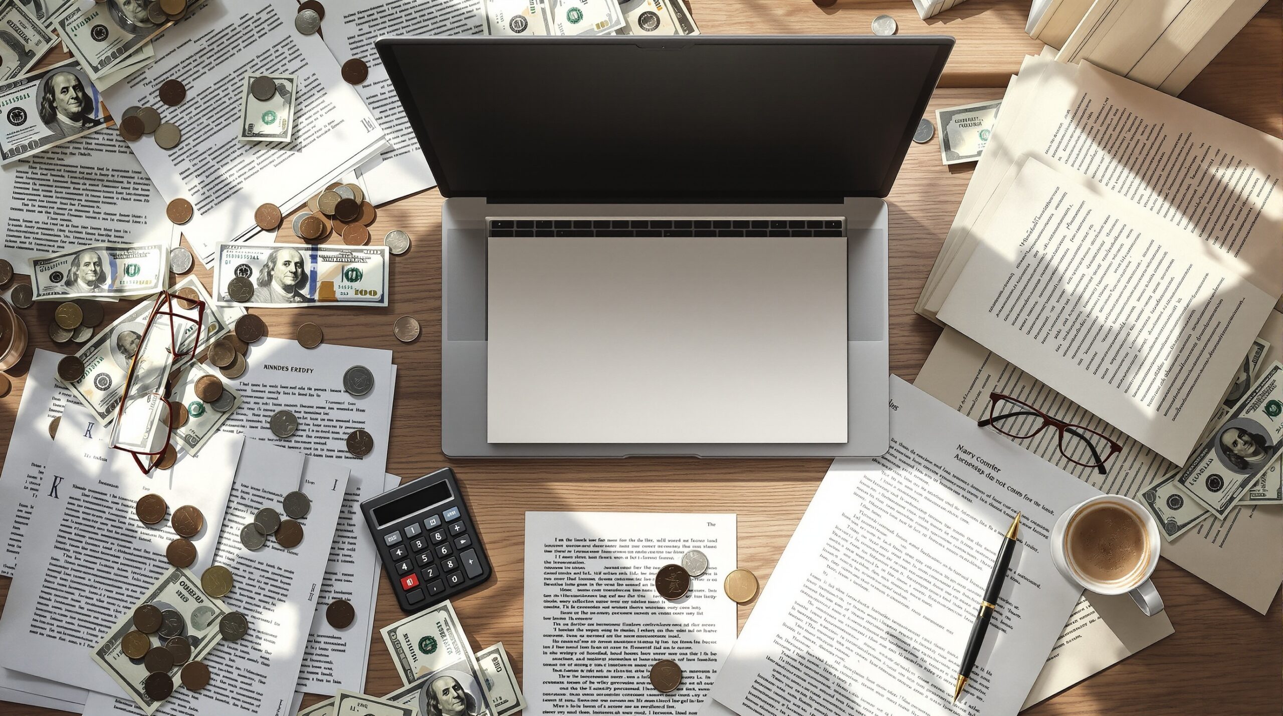 Writer's desk with laptop, scattered money, calculator, manuscript pages, and coffee cup showing self publishing costs