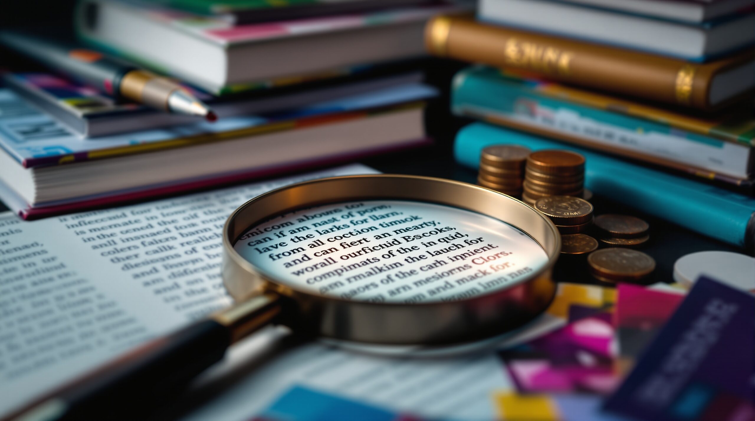Magnifying glass examining book pages with stacked colorful covers, editing pen, coins, and design samples showing publishing costs