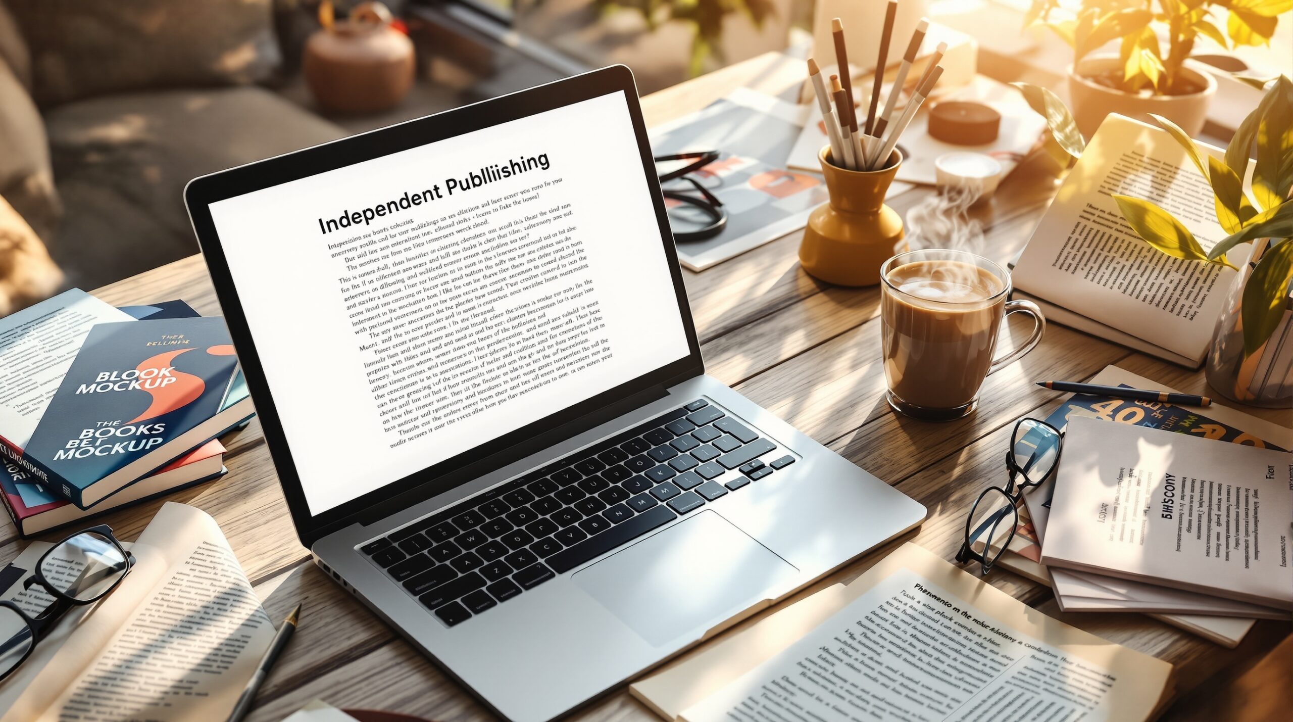Modern workspace with laptop, colorful book mockups, coffee cup, and manuscript pages showcasing indie publishing setup