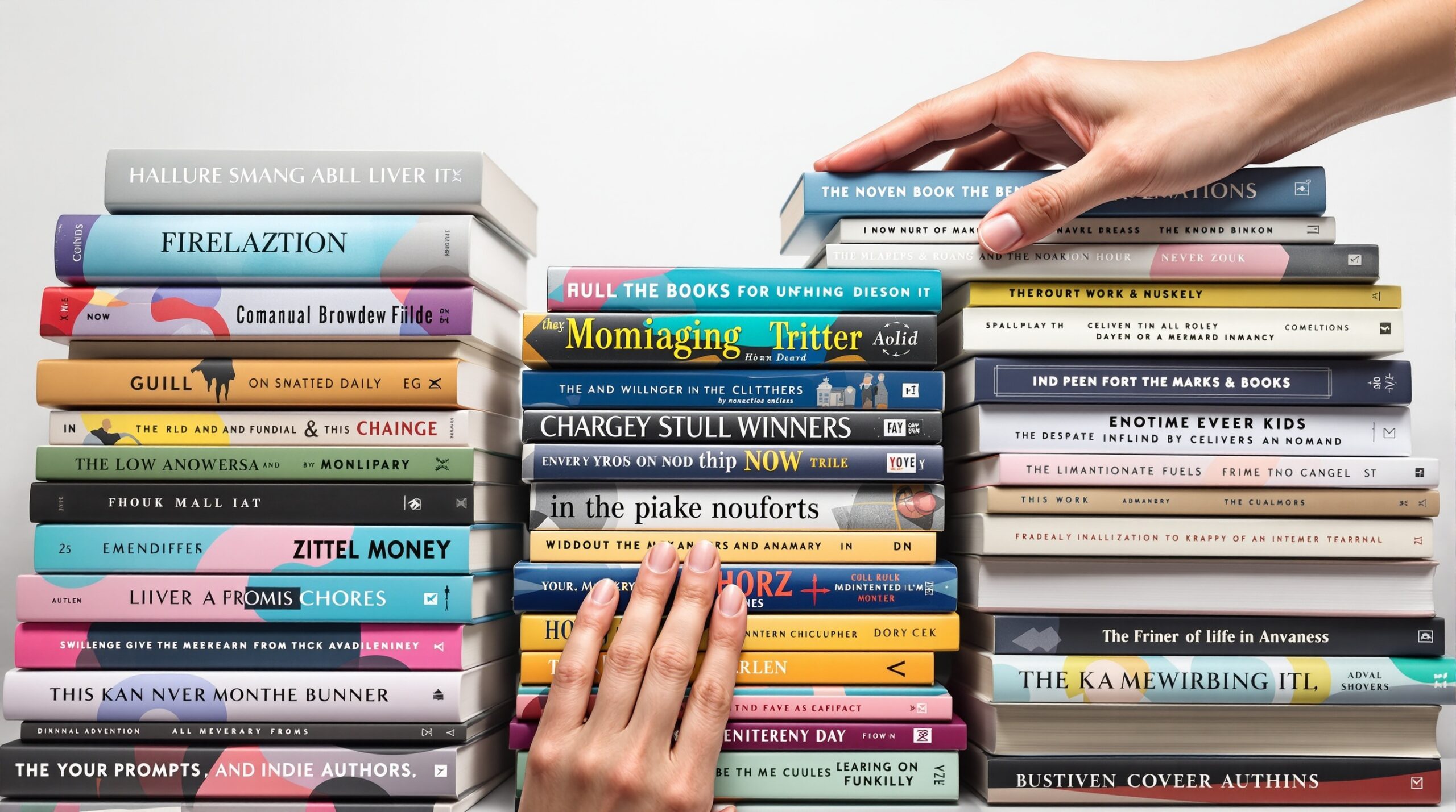 Hands arranging colorful indie books with vibrant covers stacked and fanned out on white background