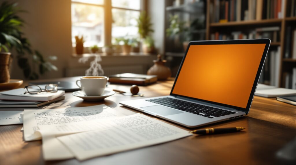 Modern writer's workspace with laptop, manuscript pages, coffee cup, and fountain pen on wooden desk with warm lighting