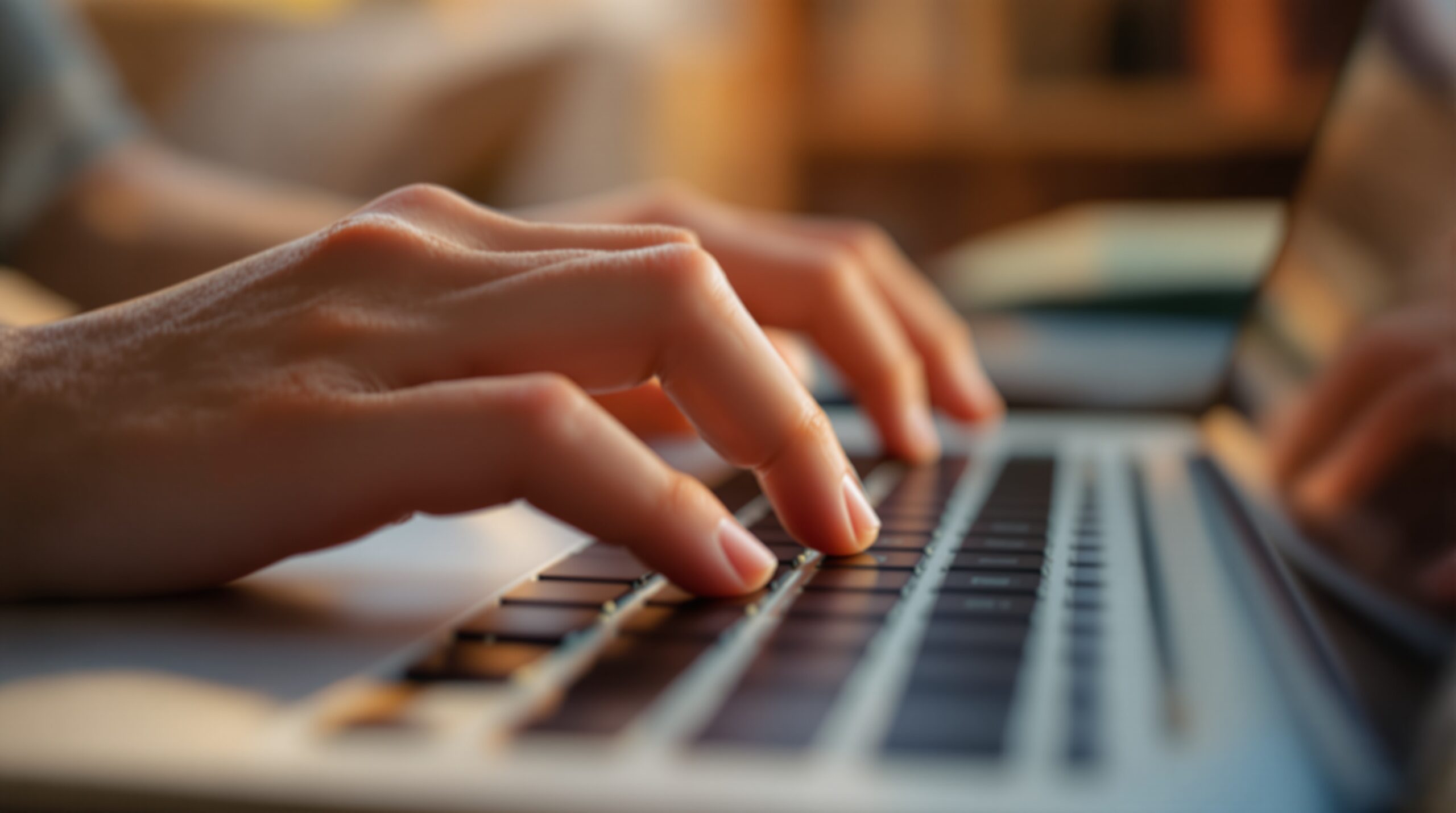 Hands typing on laptop keyboard with warm lighting, representing the personal writing process of indie publishing