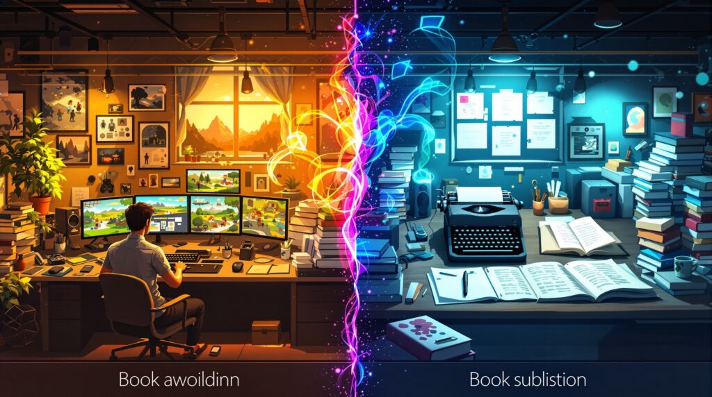 Split-screen showing indie game developer creating pixel art and author writing at desk, connected by digital particles