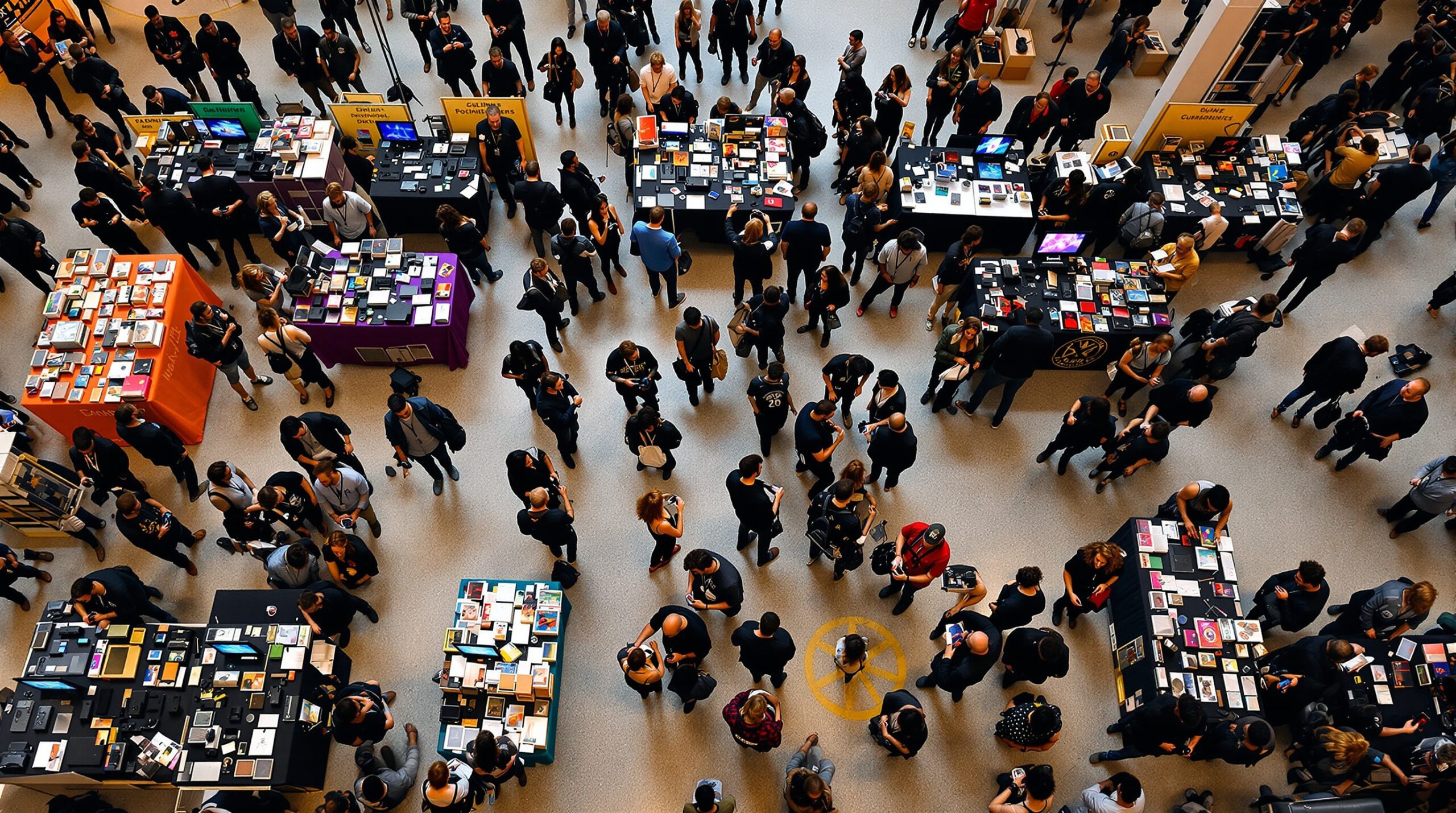 Overhead view of creative convention with people at booths showcasing indie games and books in bustling marketplace