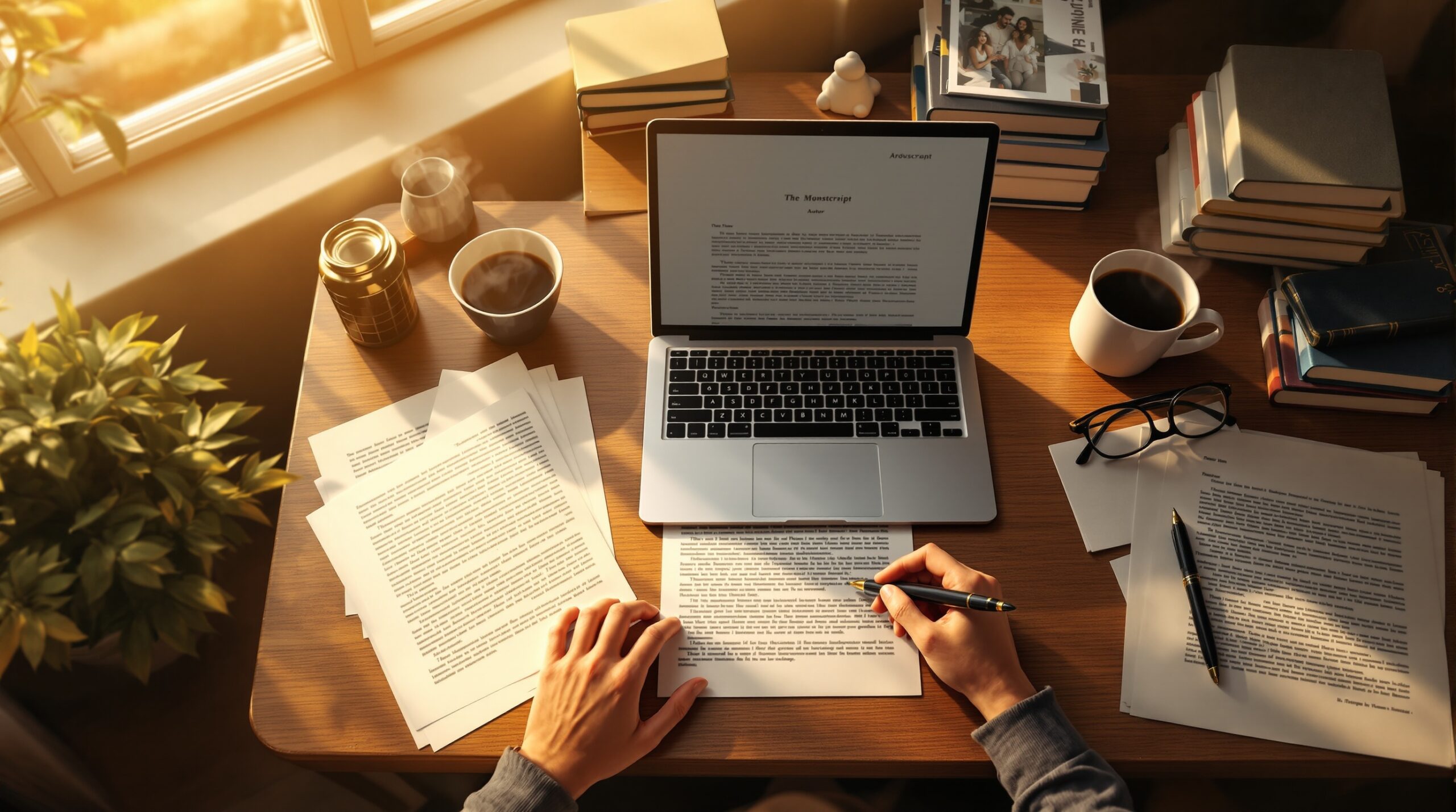 Author's workspace with laptop, manuscript pages, coffee cup, and fountain pen on wooden desk in natural lighting