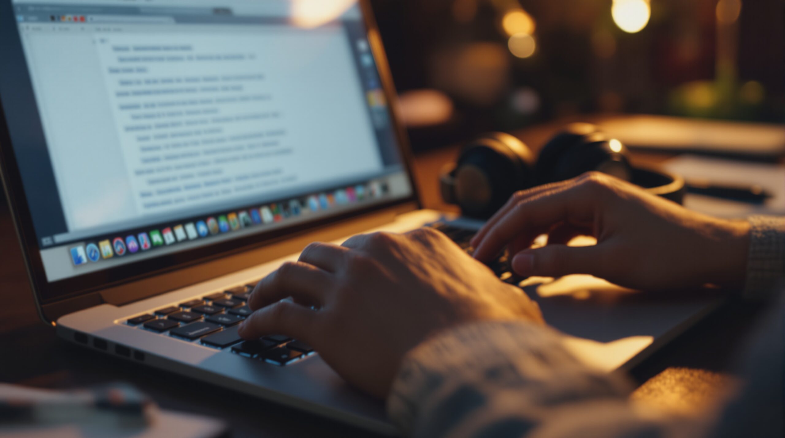 Close-up of hands typing on laptop keyboard with document editor on screen, representing indie publishing work