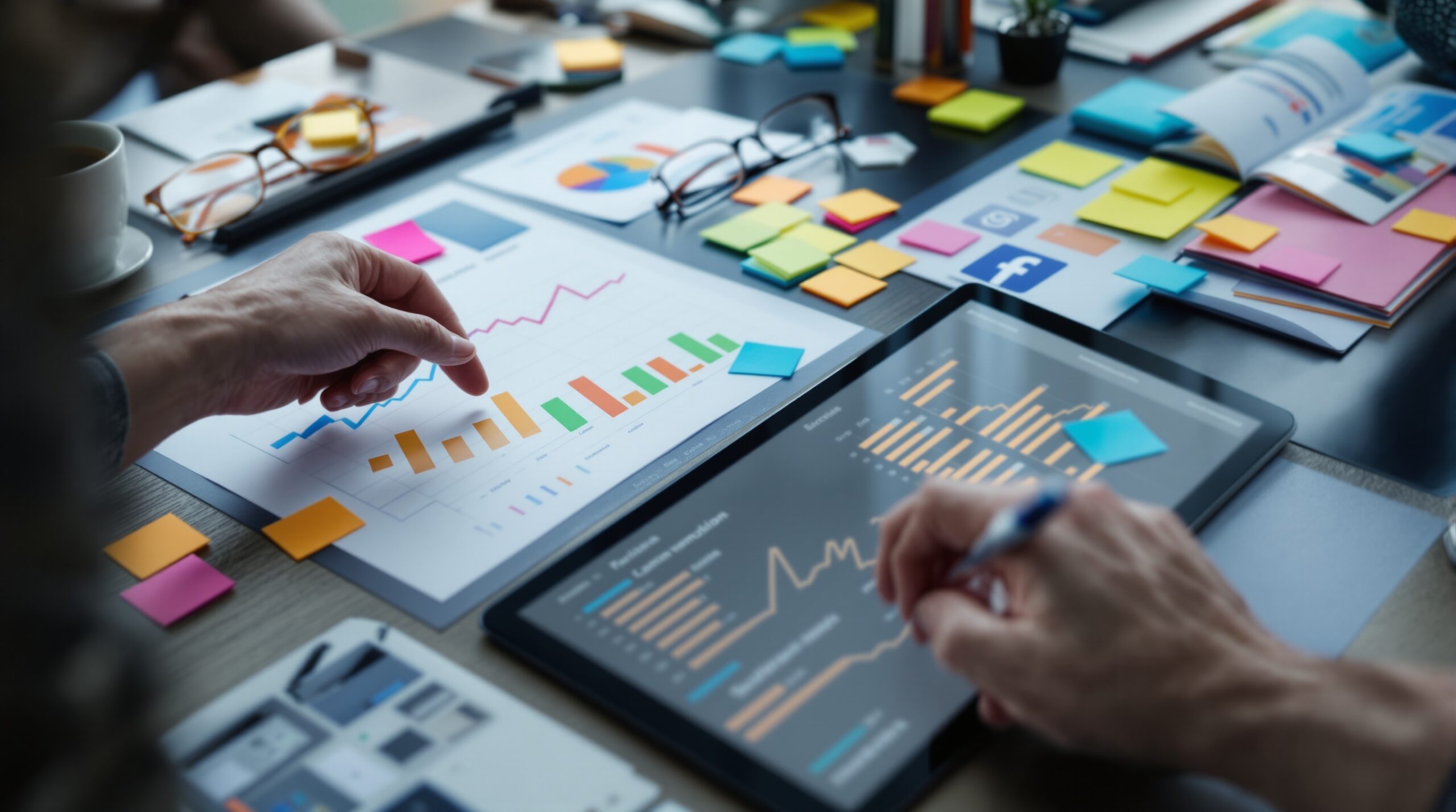 Hands strategically planning book promotion at desk with analytics charts, sticky notes, and tablet showing engagement metrics