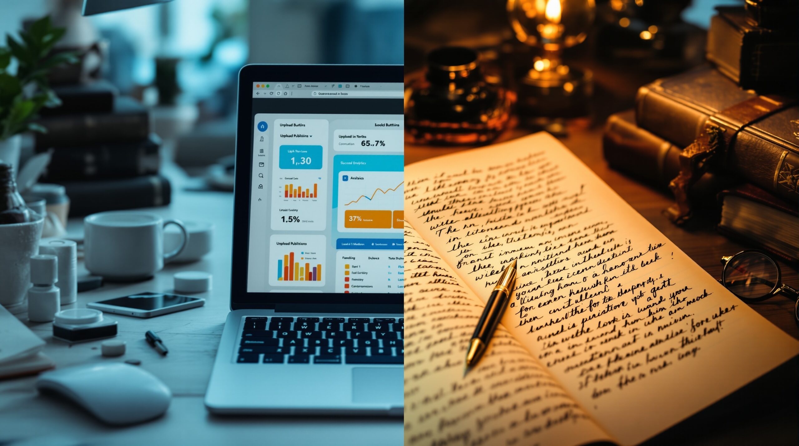 Split-screen showing modern laptop with publishing dashboard vs vintage writing desk with manuscripts and fountain pen