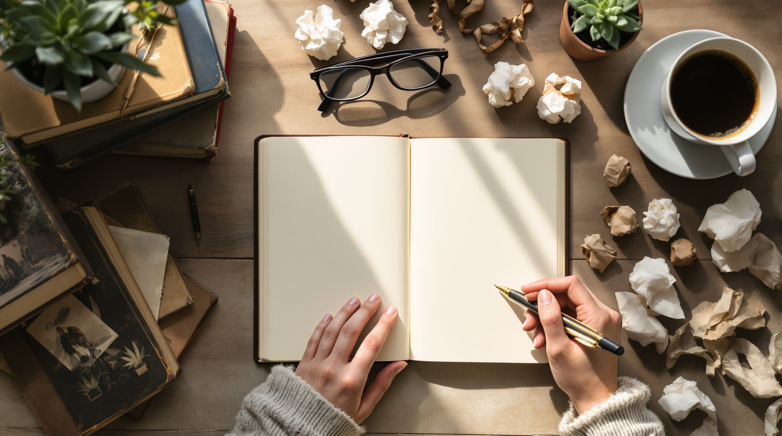 Writer's hands with pen over blank notebook, surrounded by books, coffee, and crumpled drafts on wooden desk