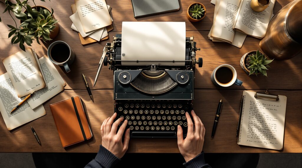 Overhead view of wooden desk with vintage typewriter, fountain pens, notebooks, and coffee for self-publishing