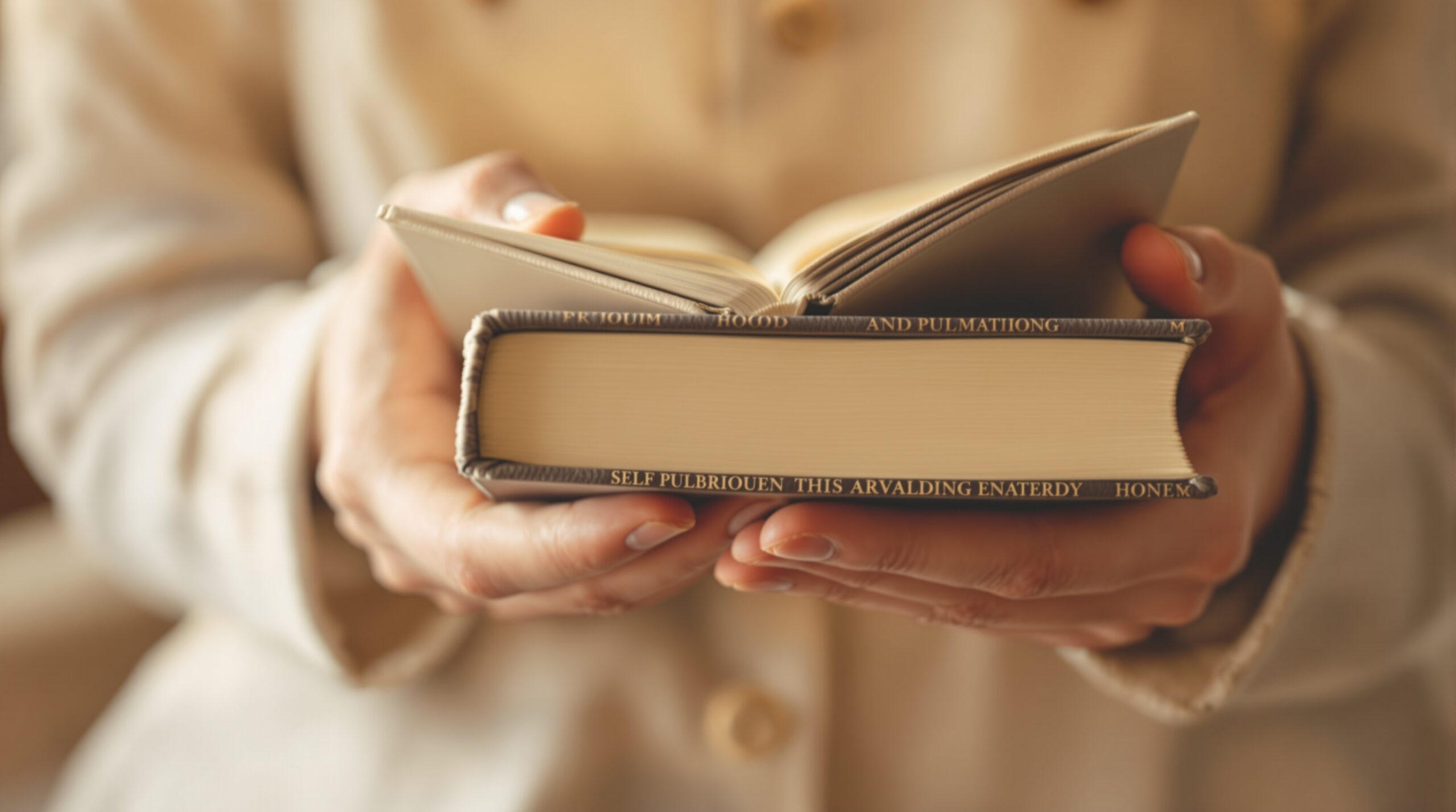 Hands holding a beautifully crafted hardcover book, showcasing quality binding and embossed details in warm lighting