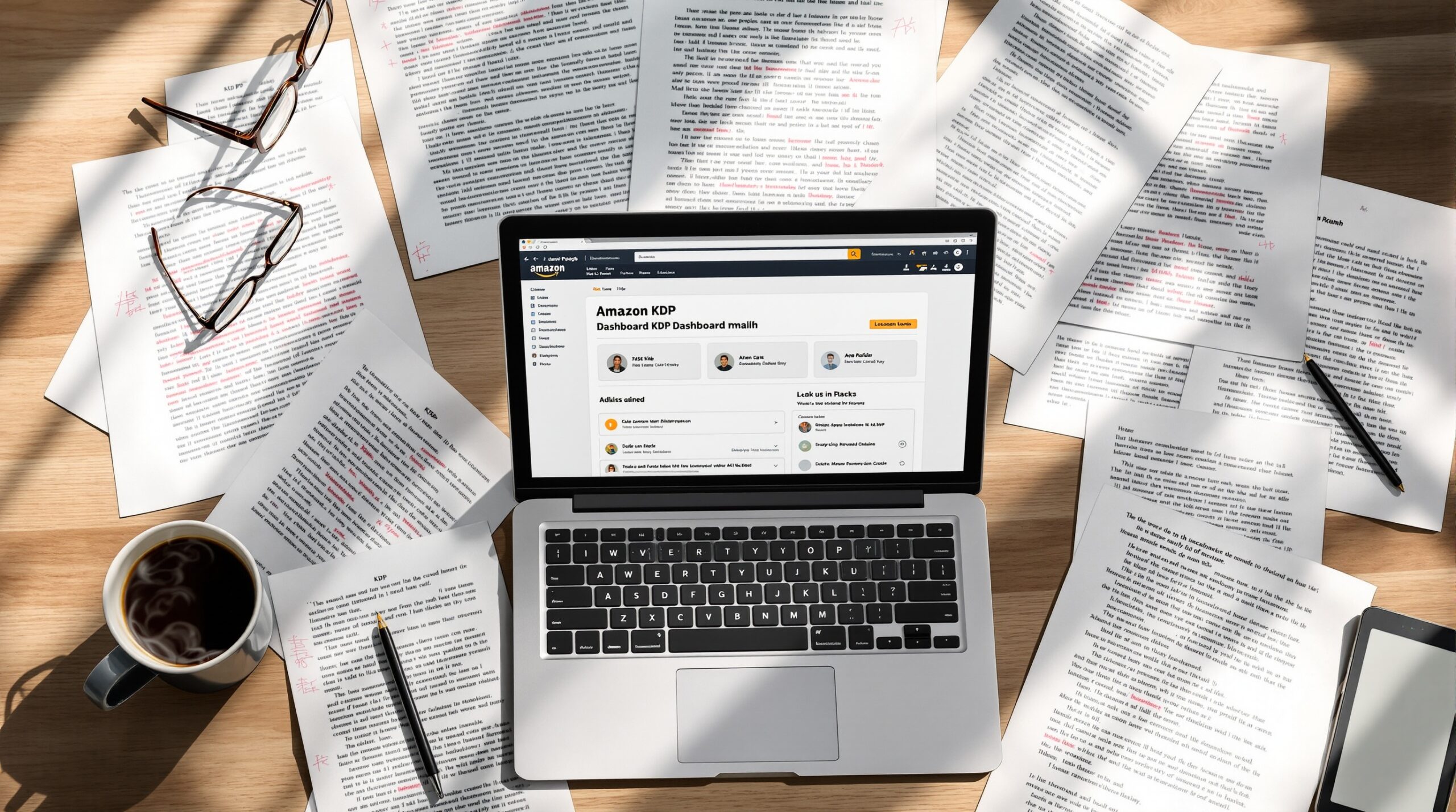 Laptop showing Amazon KDP dashboard surrounded by edited manuscript pages, coffee cup, and e-reader on wooden desk