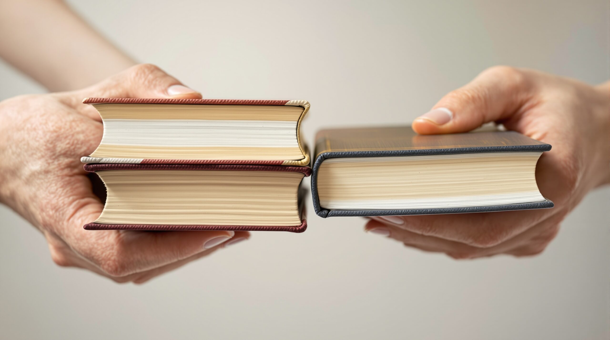 Hands comparing premium hardcover book with budget paperback, showing quality differences in binding and materials