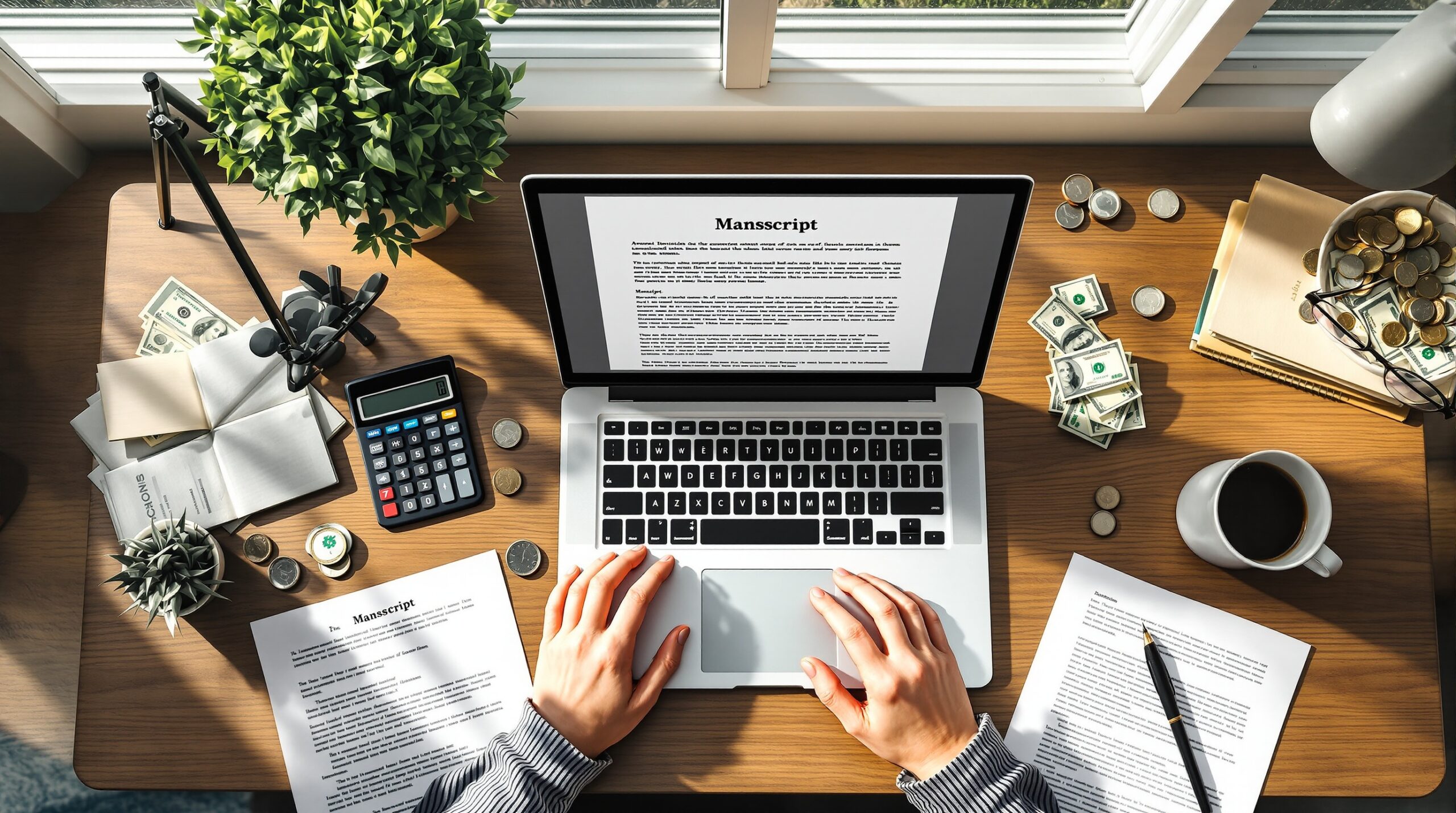 Overhead view of laptop with manuscript, calculator, dollar bills, and coffee on desk showing self publishing costs