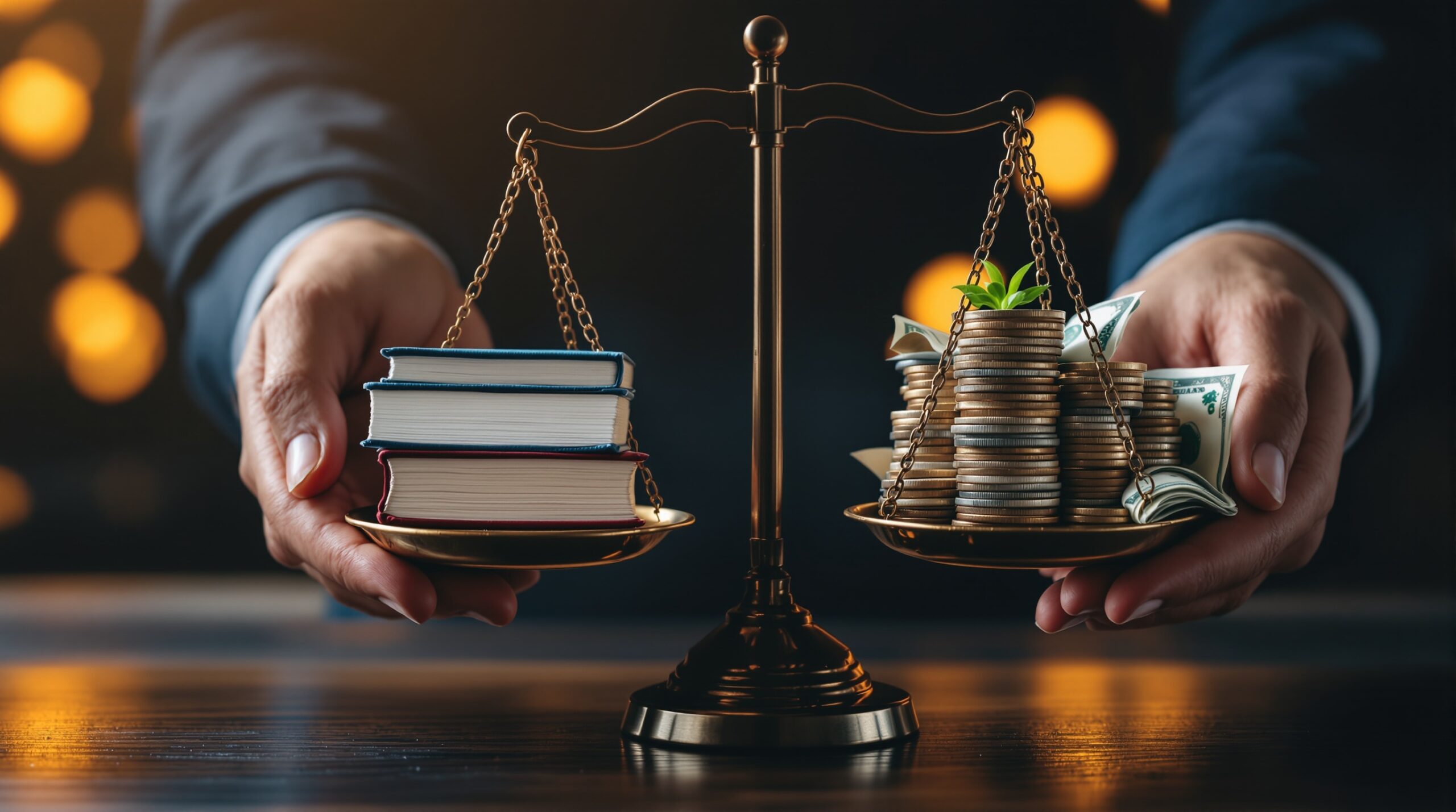 Hands holding a balance scale with books on one side and money on the other, symbolizing self publishing cost decisions
