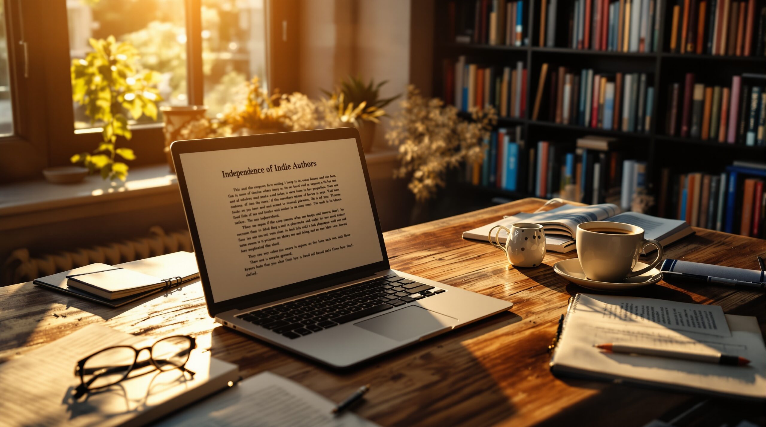 Modern writer's desk with laptop, notebooks, coffee, and glasses surrounded by bookshelves showing indie author workspace