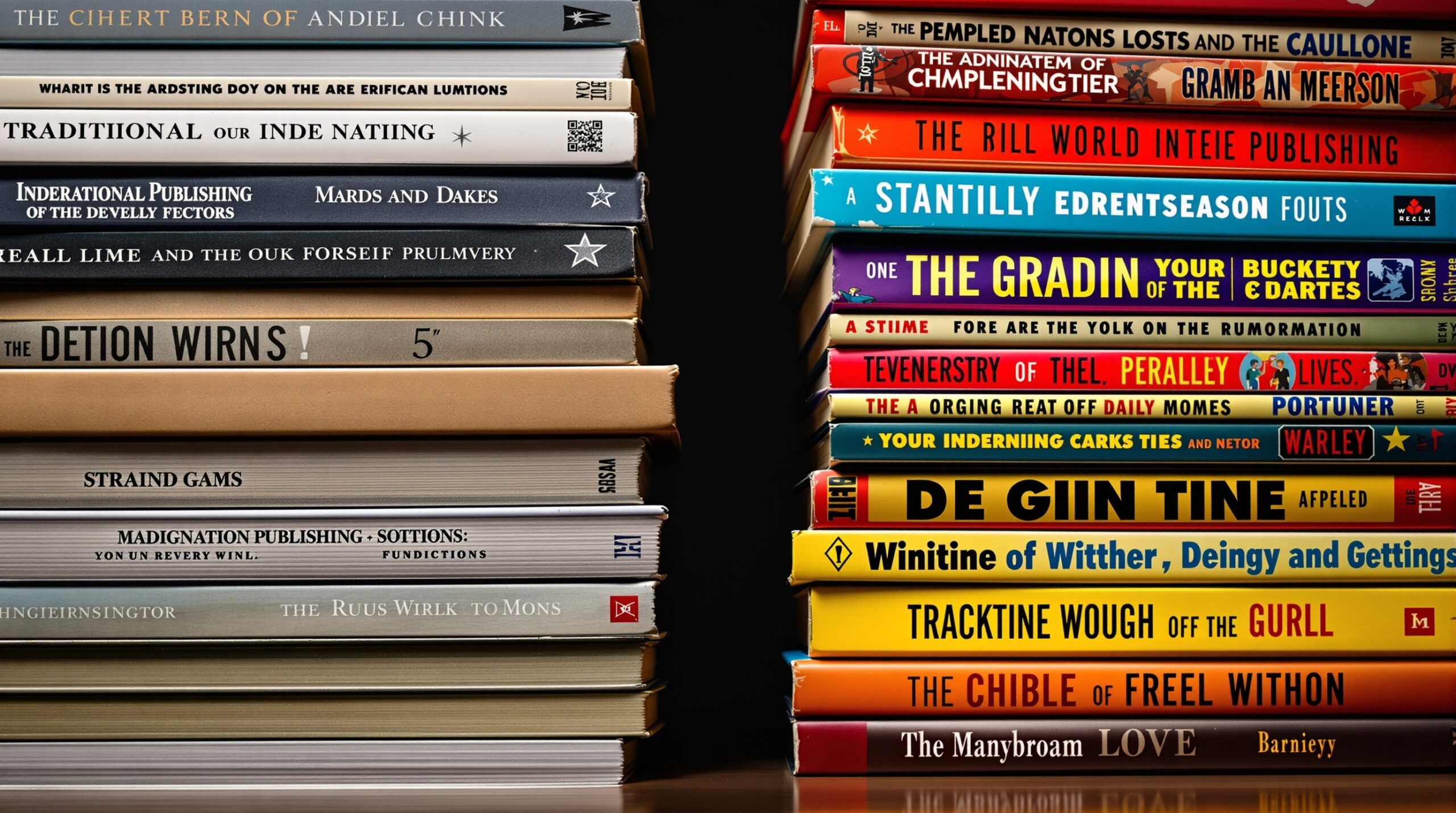 Two contrasting book stacks: uniform traditional publishing covers versus vibrant diverse indie book designs