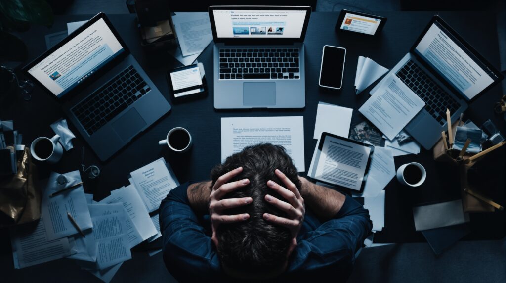 Frustrated author with head in hands at desk surrounded by laptops showing self publishing platforms and scattered papers