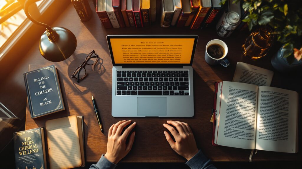Overhead view of author's workspace with laptop, published books, coffee, and fountain pen on mahogany desk