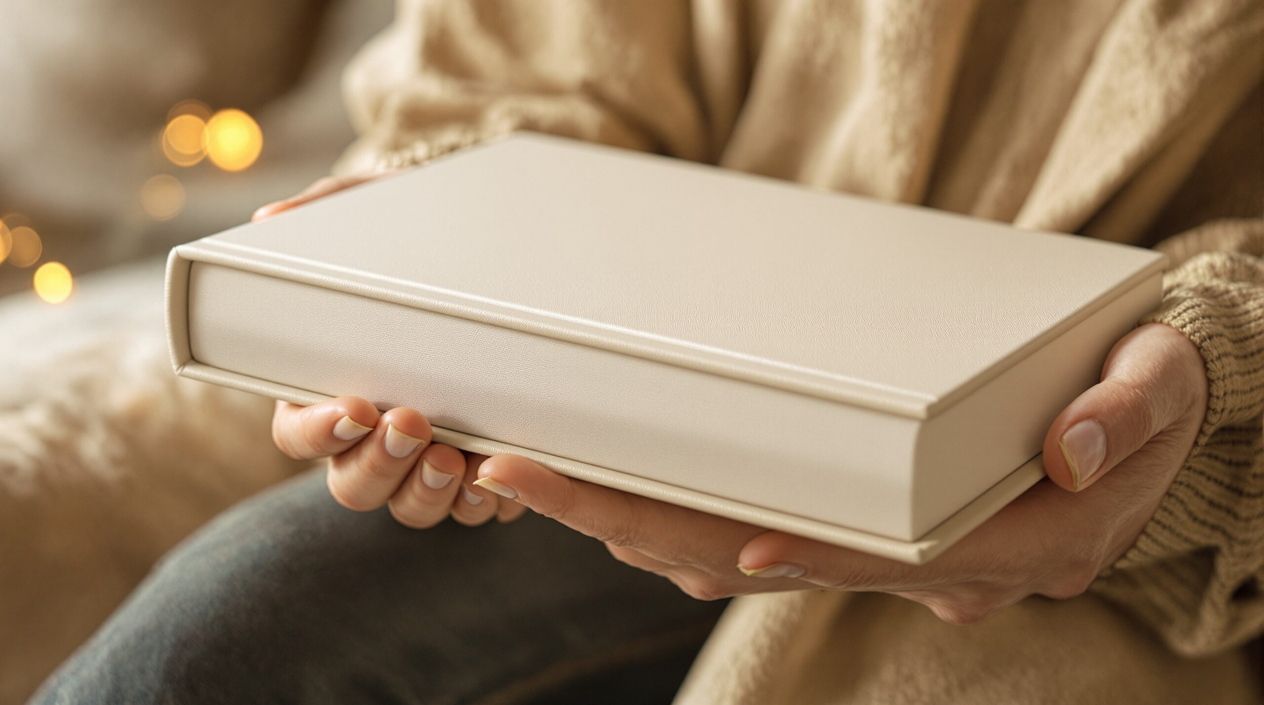Hands holding a professionally bound hardcover book with elegant cover design, showcasing self-publishing quality