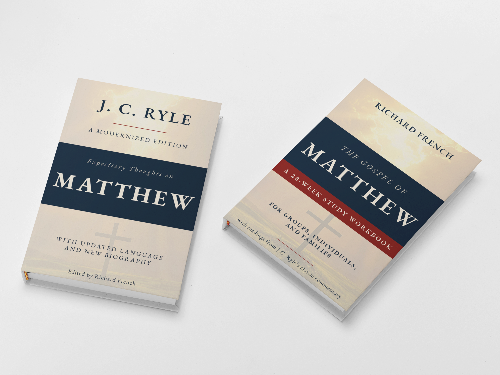 Two paperbacks lying on a white surface: Expository Thoughts on Matthew by J.C. Ryle and The Gospel of Matthew: A 28-Week Study Workbook by Richard French, both with cream covers and navy title bands.