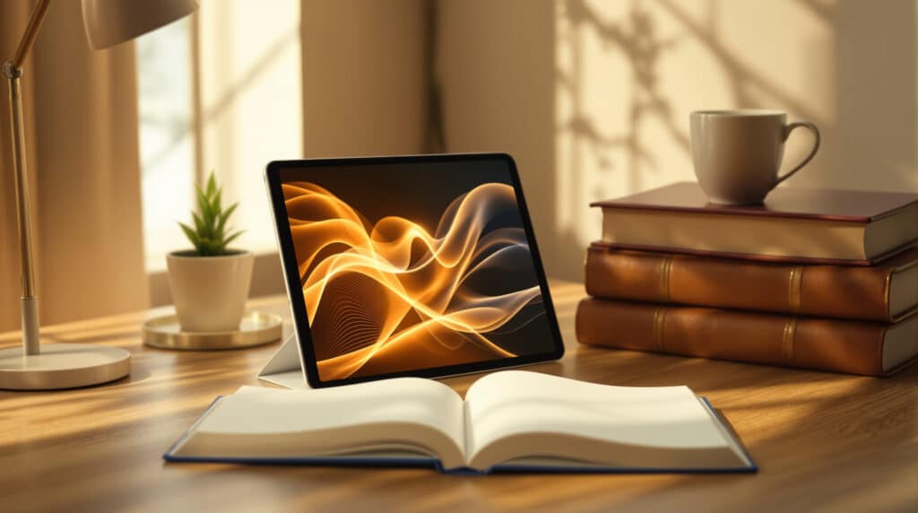 Open book beside glowing tablet on desk, symbolizing will ChatGPT recommend my book in AI search