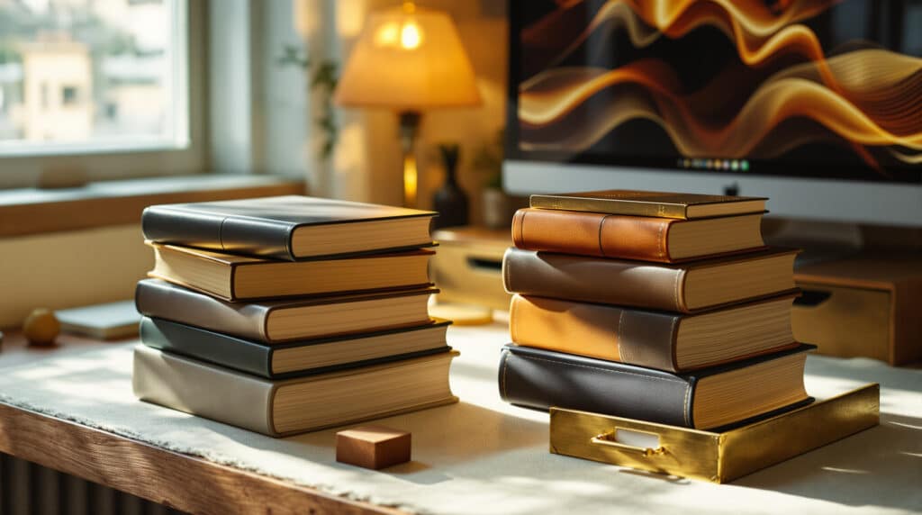Two stacks of hardcover books on a desk with a computer monitor and warm lamp in the background.