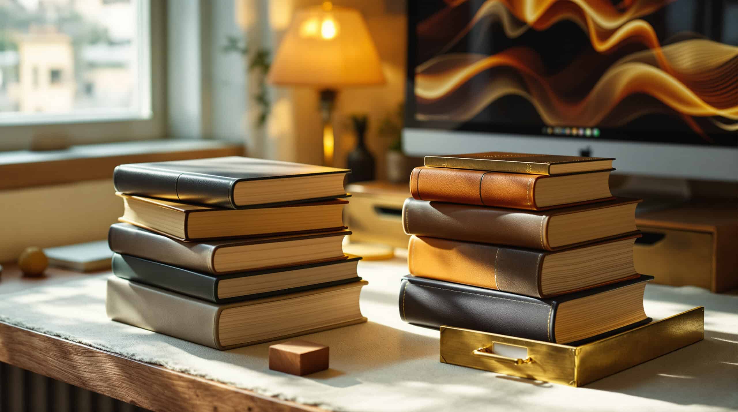 Two stacks of hardcover books on a desk with a computer monitor and warm lamp in the background.