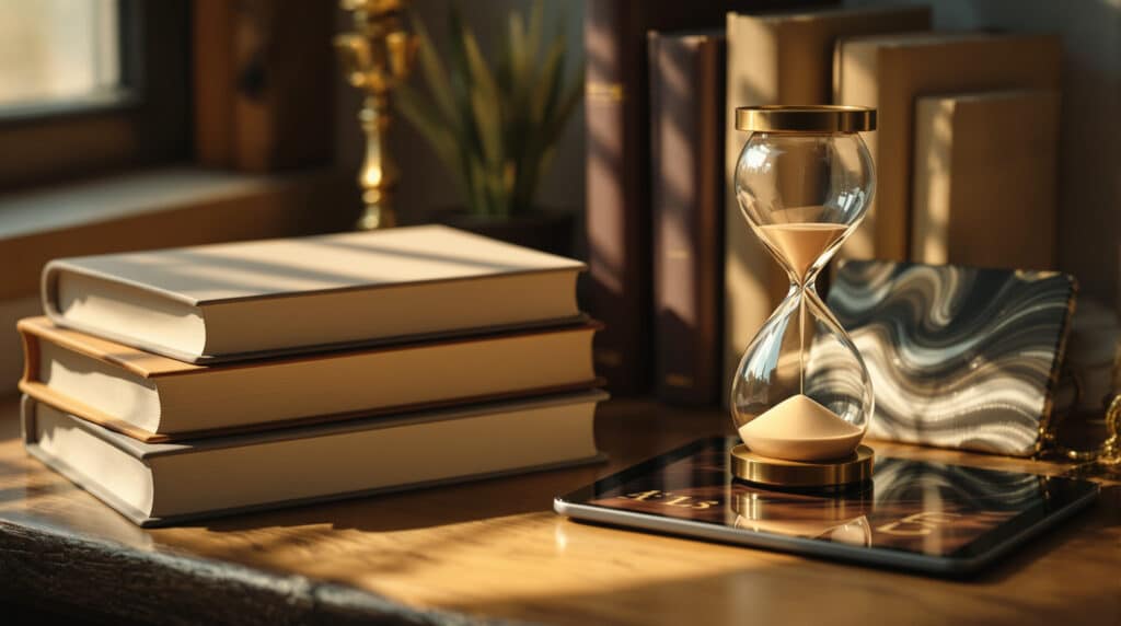 Hourglass on a desk beside a stack of hardcover books and a tablet in warm light.