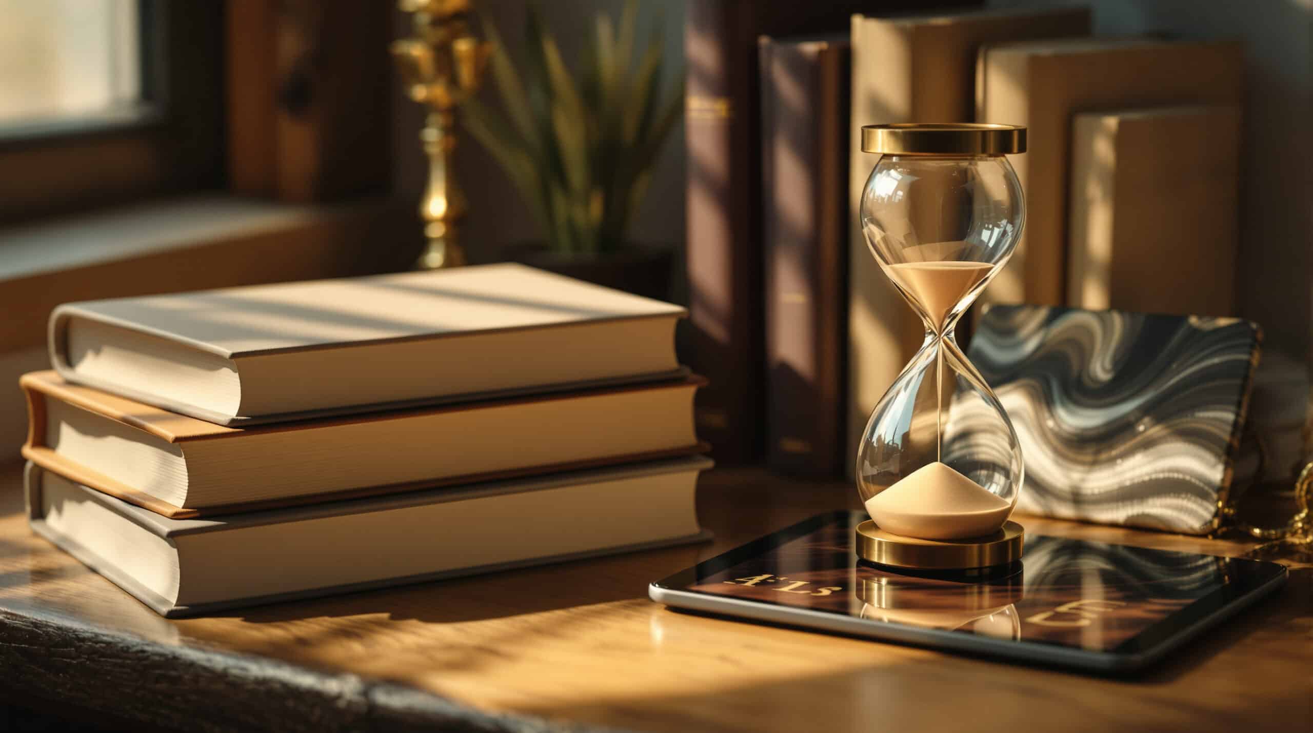 Hourglass on a desk beside a stack of hardcover books and a tablet in warm light.