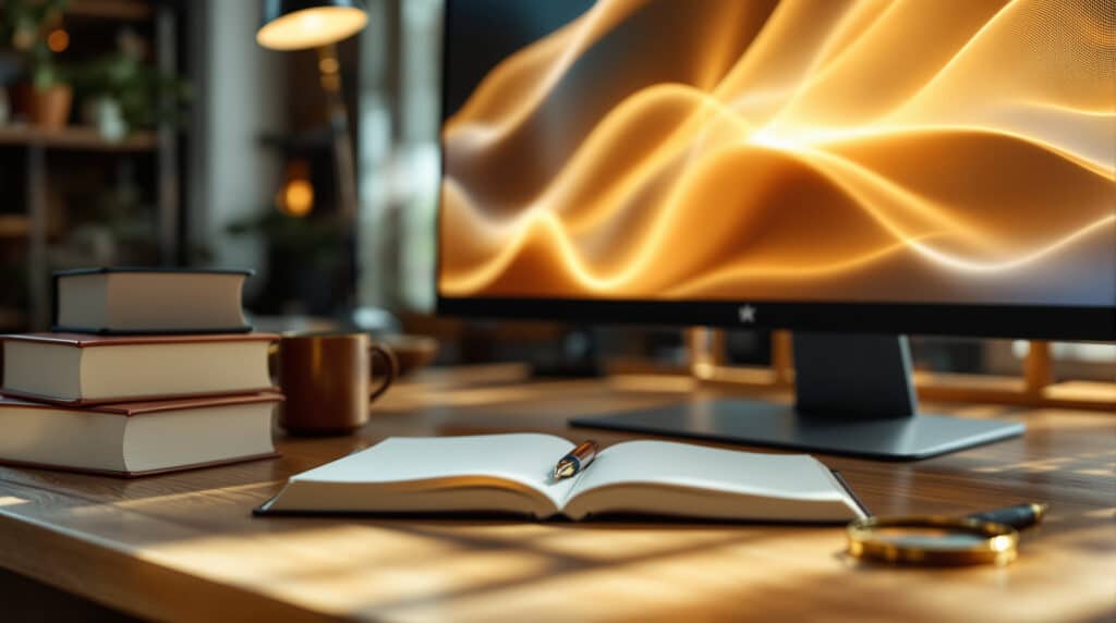 Open notebook and pen on a wooden desk with a computer monitor showing orange wave patterns; books and a mug nearby hint at a home office.