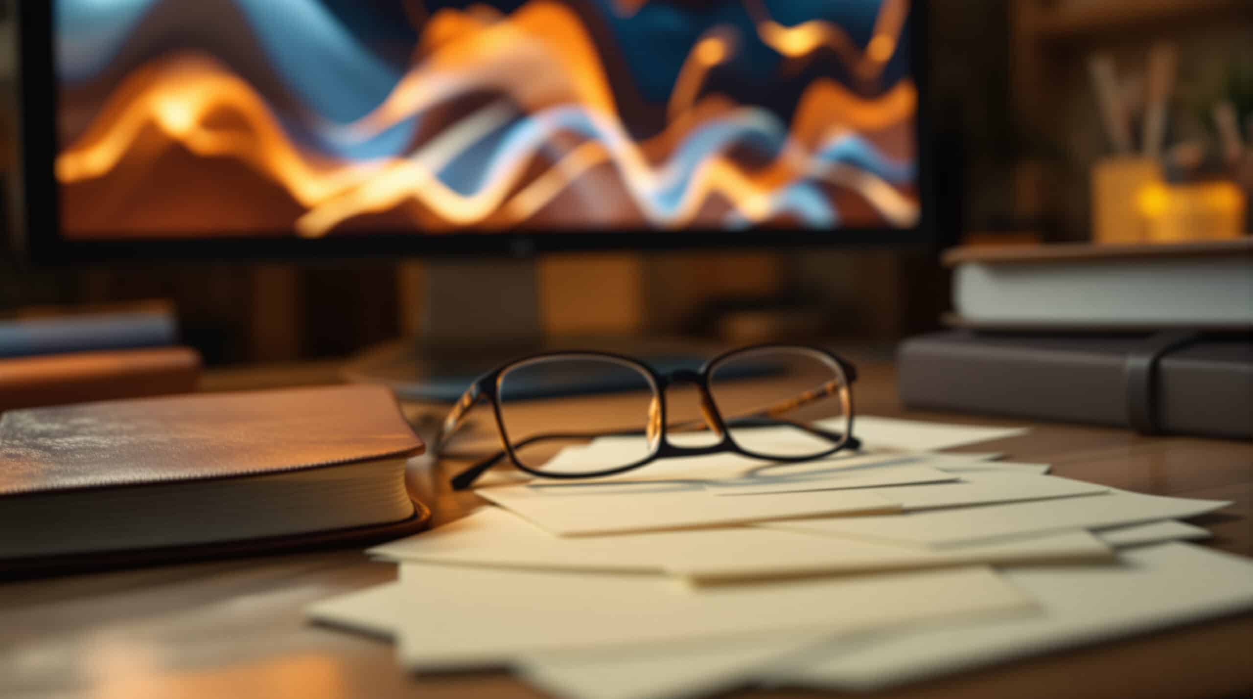 Blank index cards and glasses on a desk, symbolizing deep research into Amazon Ads keywords for books