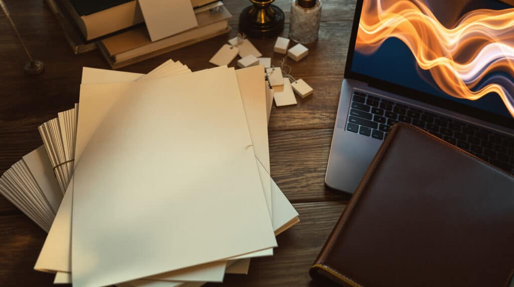 Desk cluttered with blank envelopes and papers, a laptop showing orange flames on the screen, and a brown notebook.